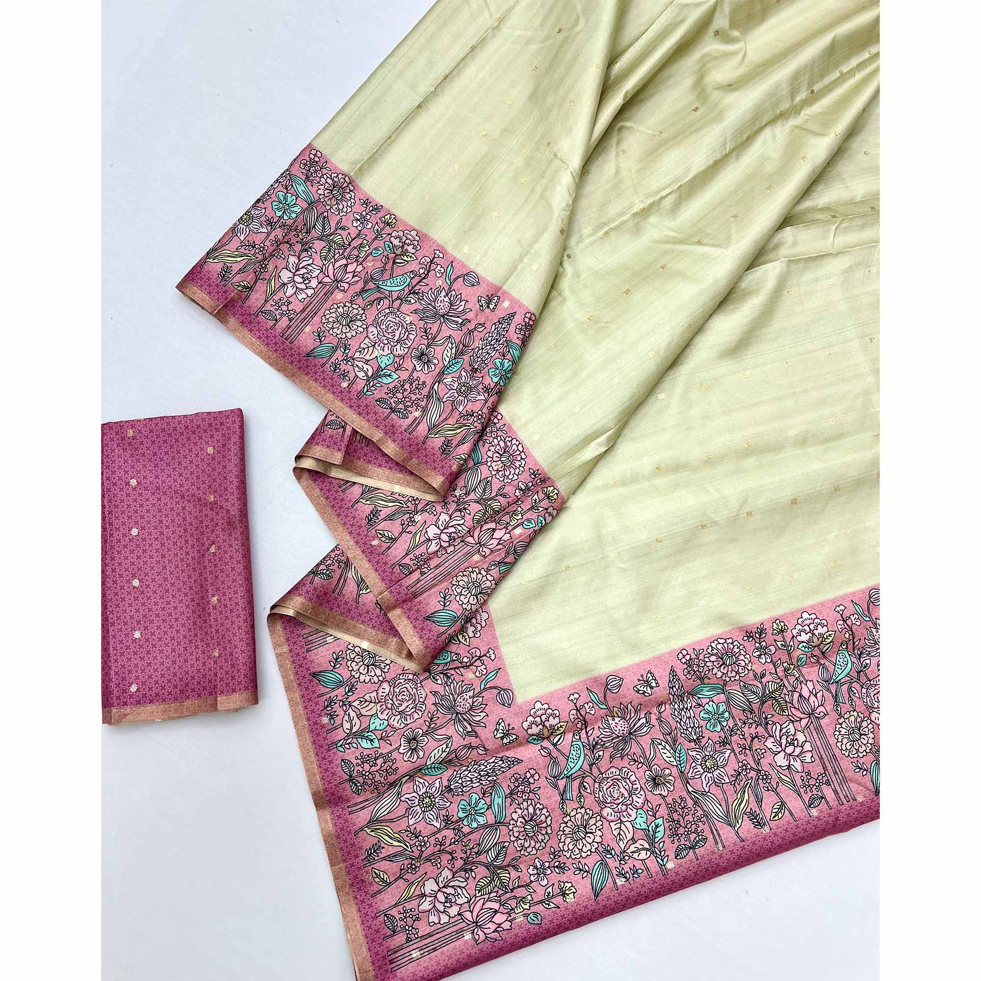Majestic Chikoo & Pink Silk Blend Saree Enhanced With Floral Prints & Weaving Work