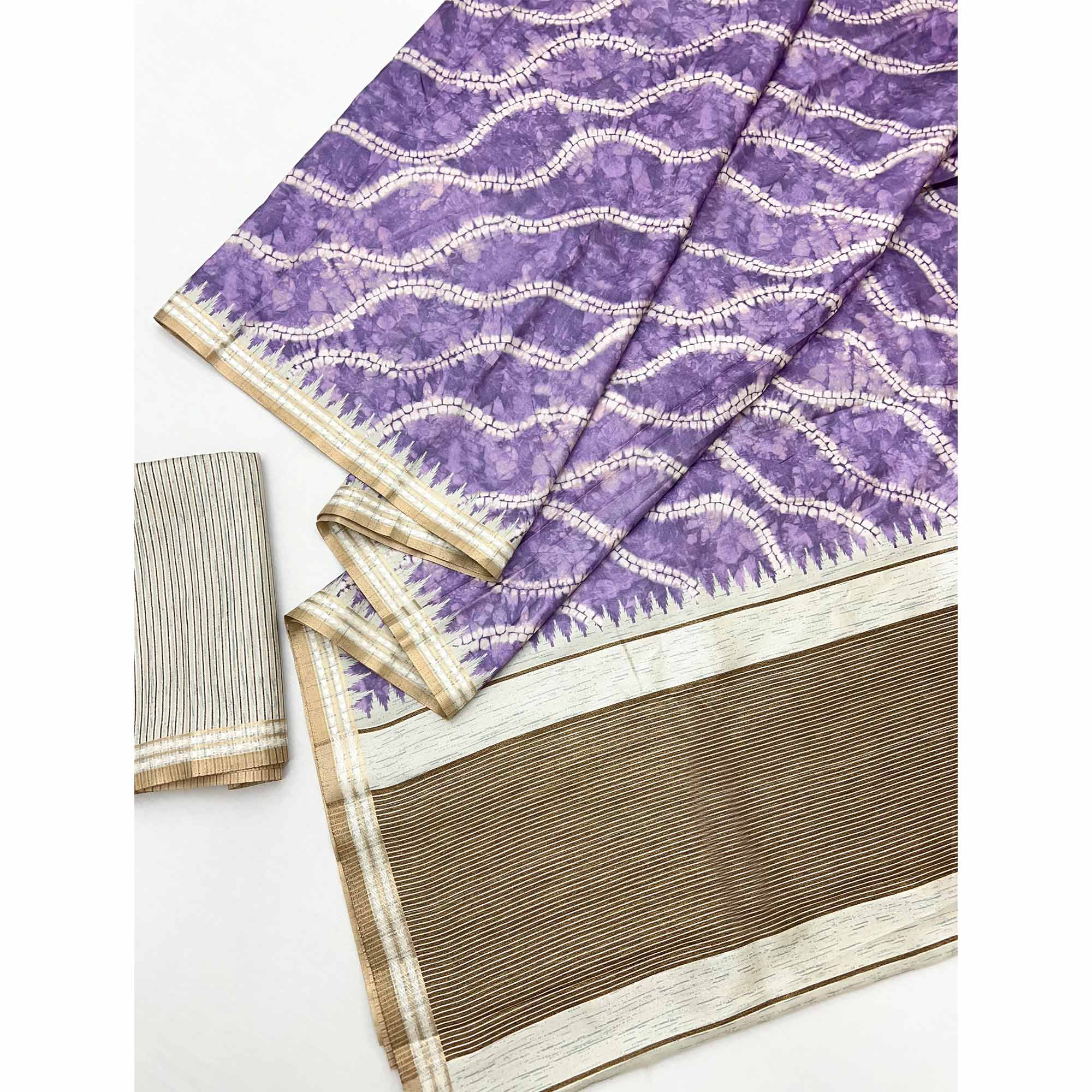 Opulent Lavender Silk Blend Saree Adorned With Digital Prints & Zari Border
