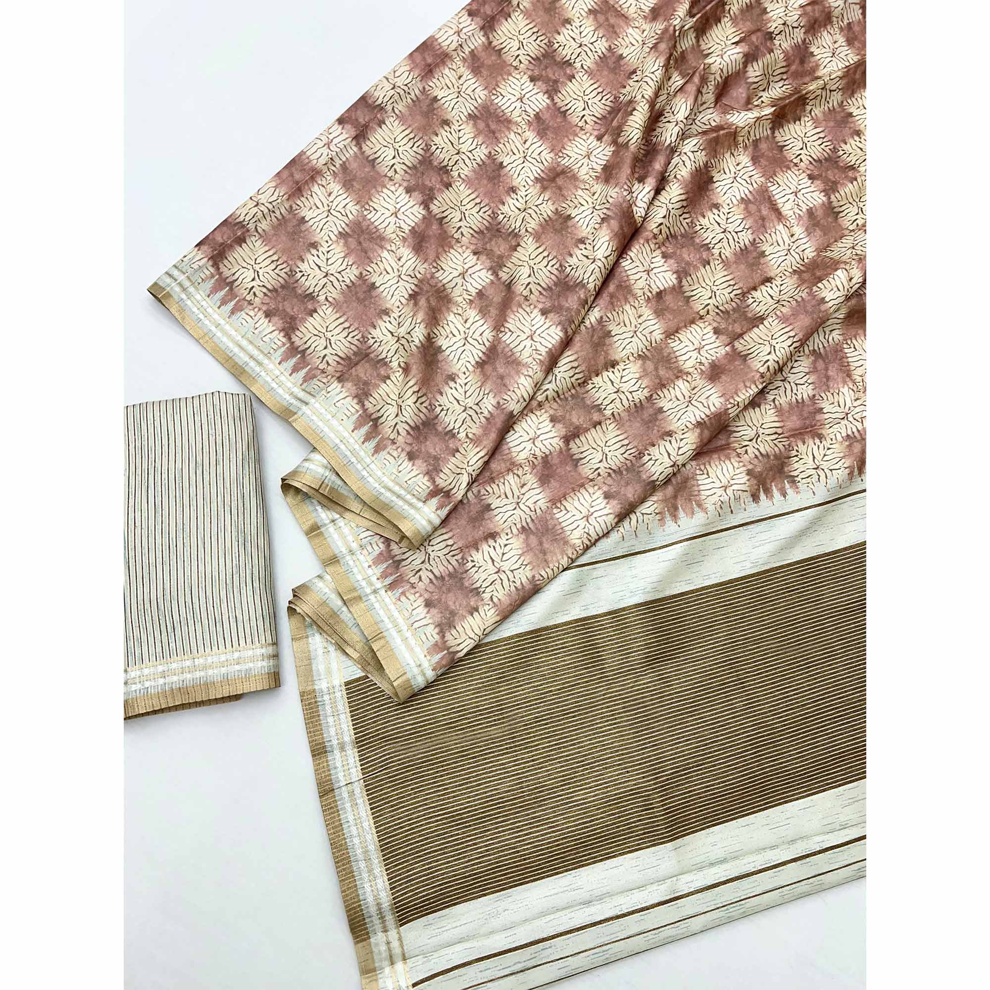 Opulent Brown Silk Blend Saree Adorned With Digital Prints & Zari Border