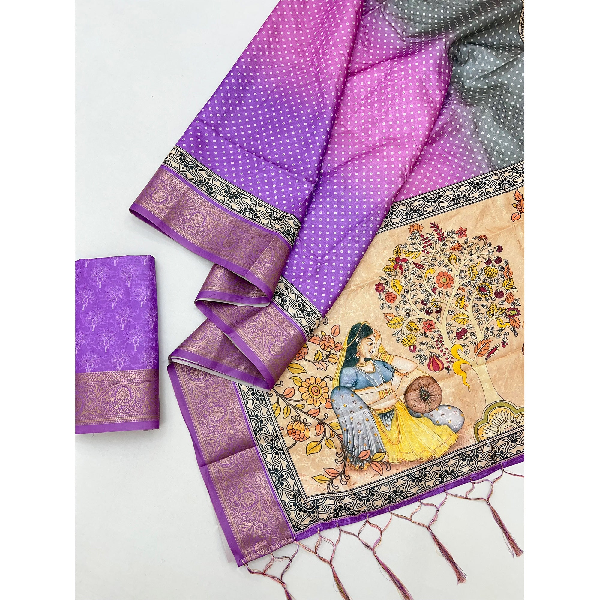 Purple Bandhani Digital Printed Silk Blend Weaving Saree With Artistic Madhubani Pallu With Tassel