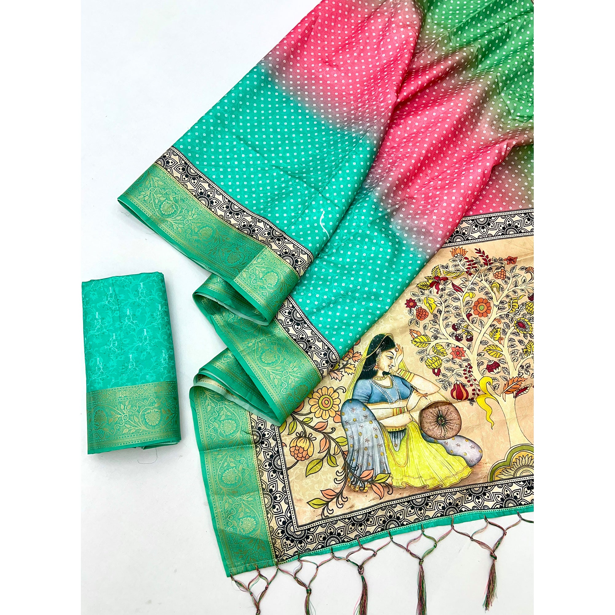 Rama Green Bandhani Digital Printed Silk Blend Weaving Saree With Madhubani Pallu With Tassel