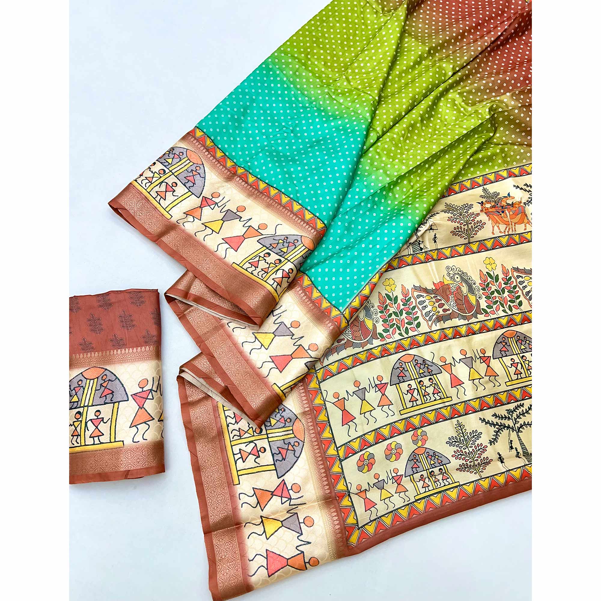 Rust Traditional Bandhani & Warli Digital Printed Silk Blend Saree With Weaving Border