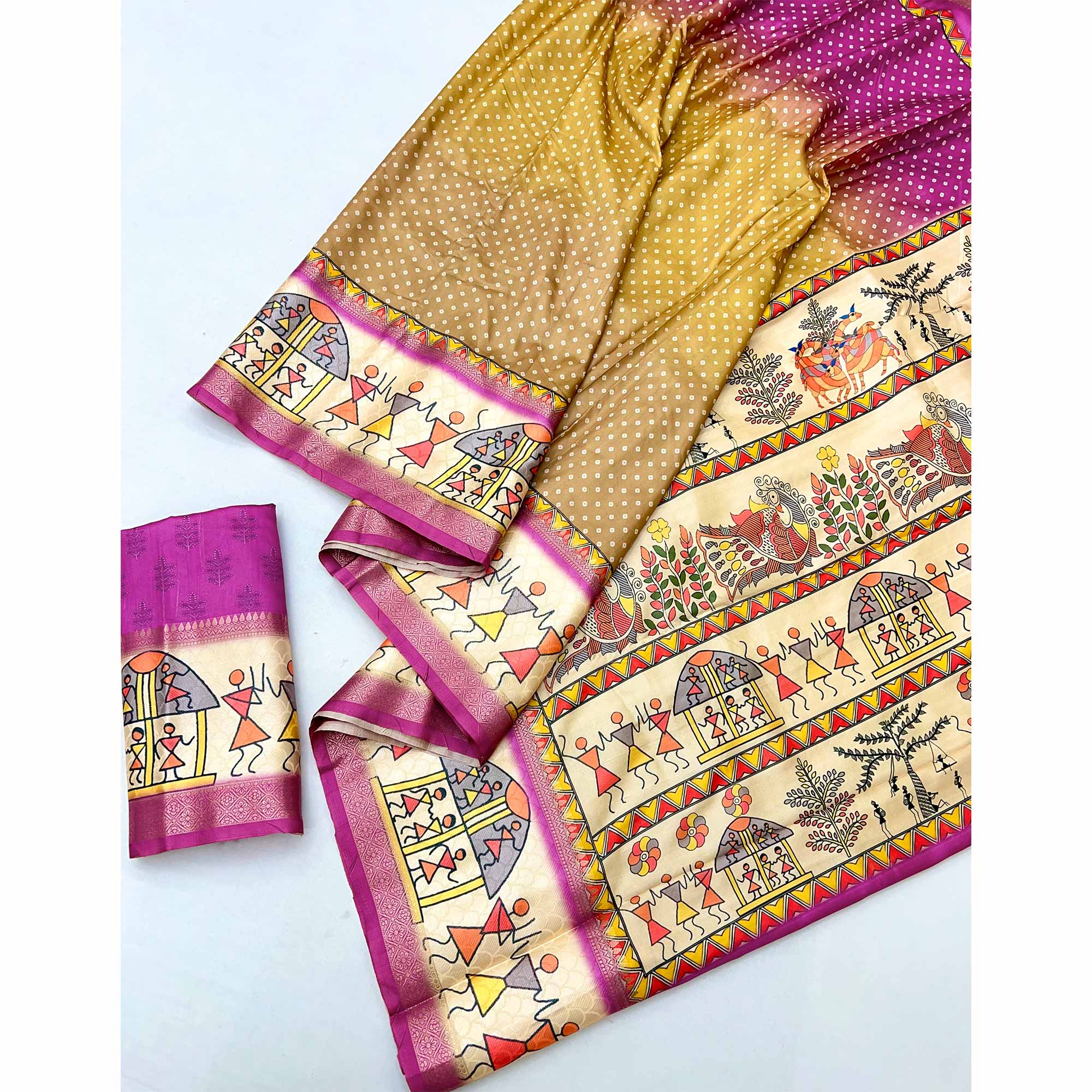 Magenta Traditional Bandhani & Warli Digital Printed Silk Blend Saree With Weaving Border