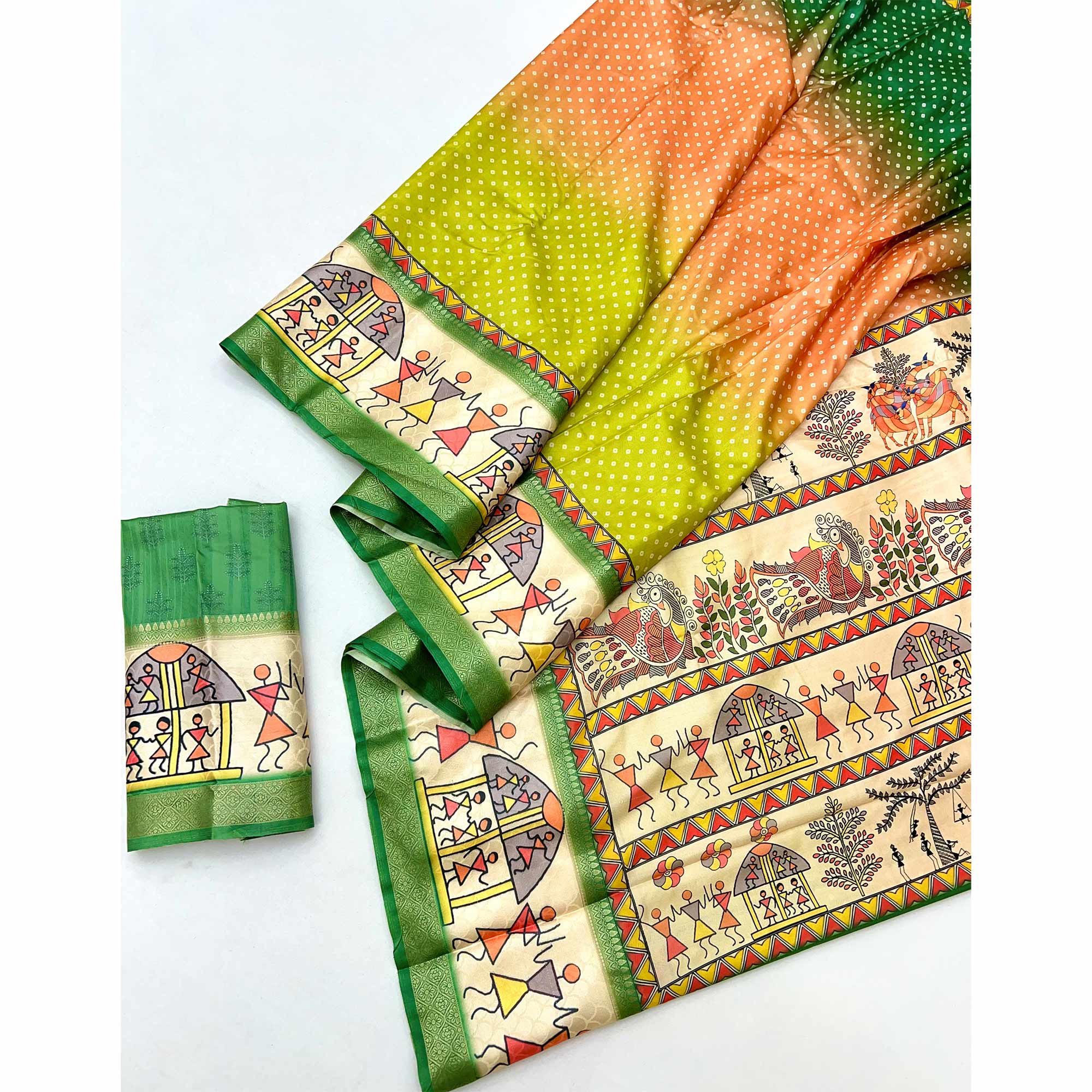Green Traditional Bandhani & Warli Digital Printed Silk Blend Saree With Weaving Border
