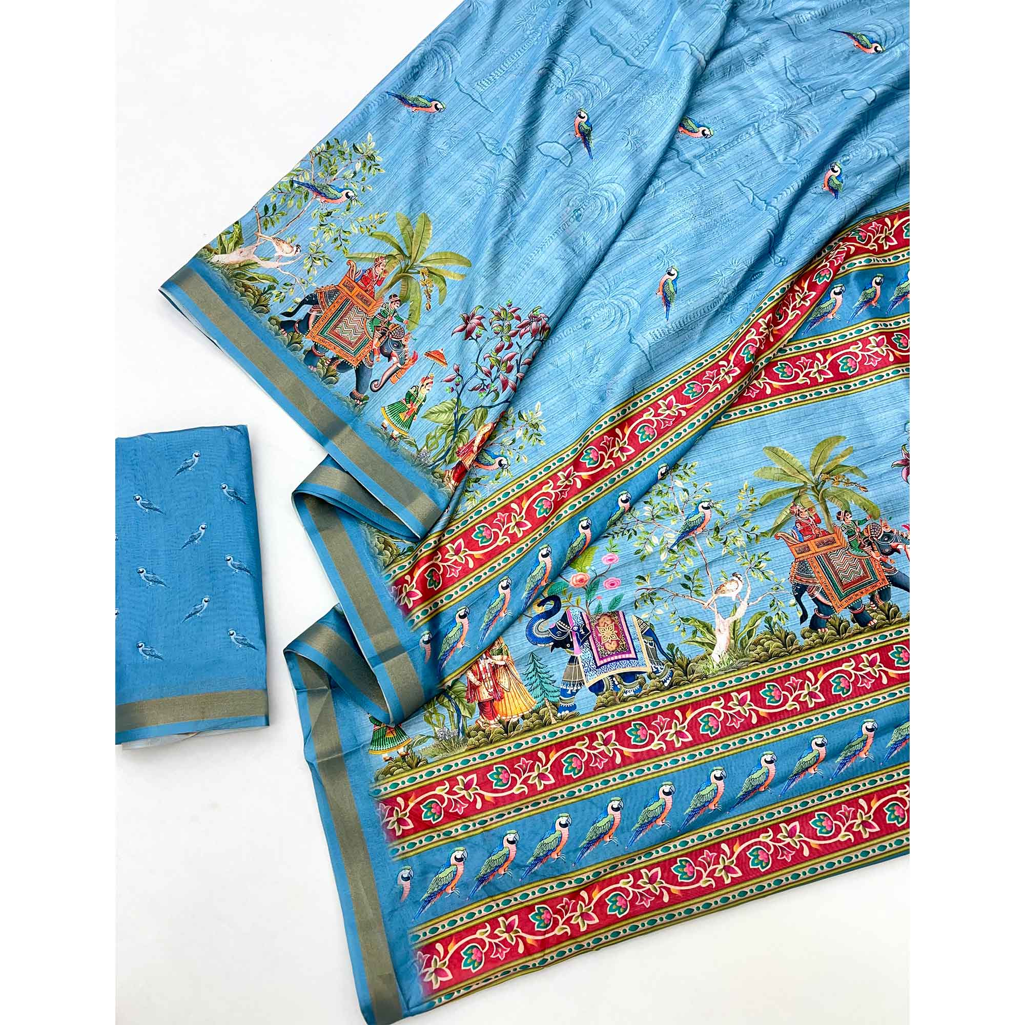 Blue Dola Silk Saree With Majestic Elephant & Vibrant Peacock Digital Prints