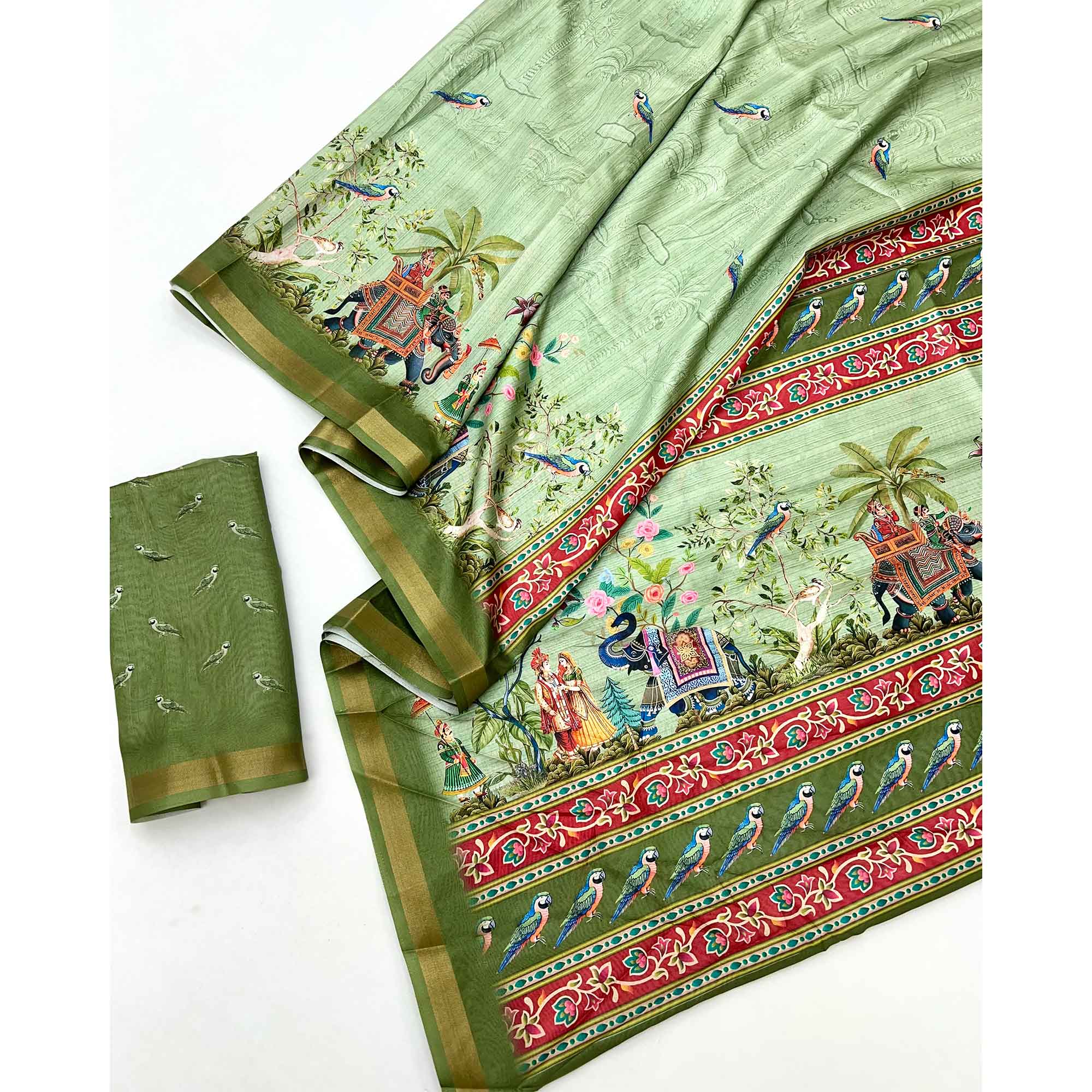 Green Dola Silk Saree With Majestic Elephant & Vibrant Peacock Digital Prints