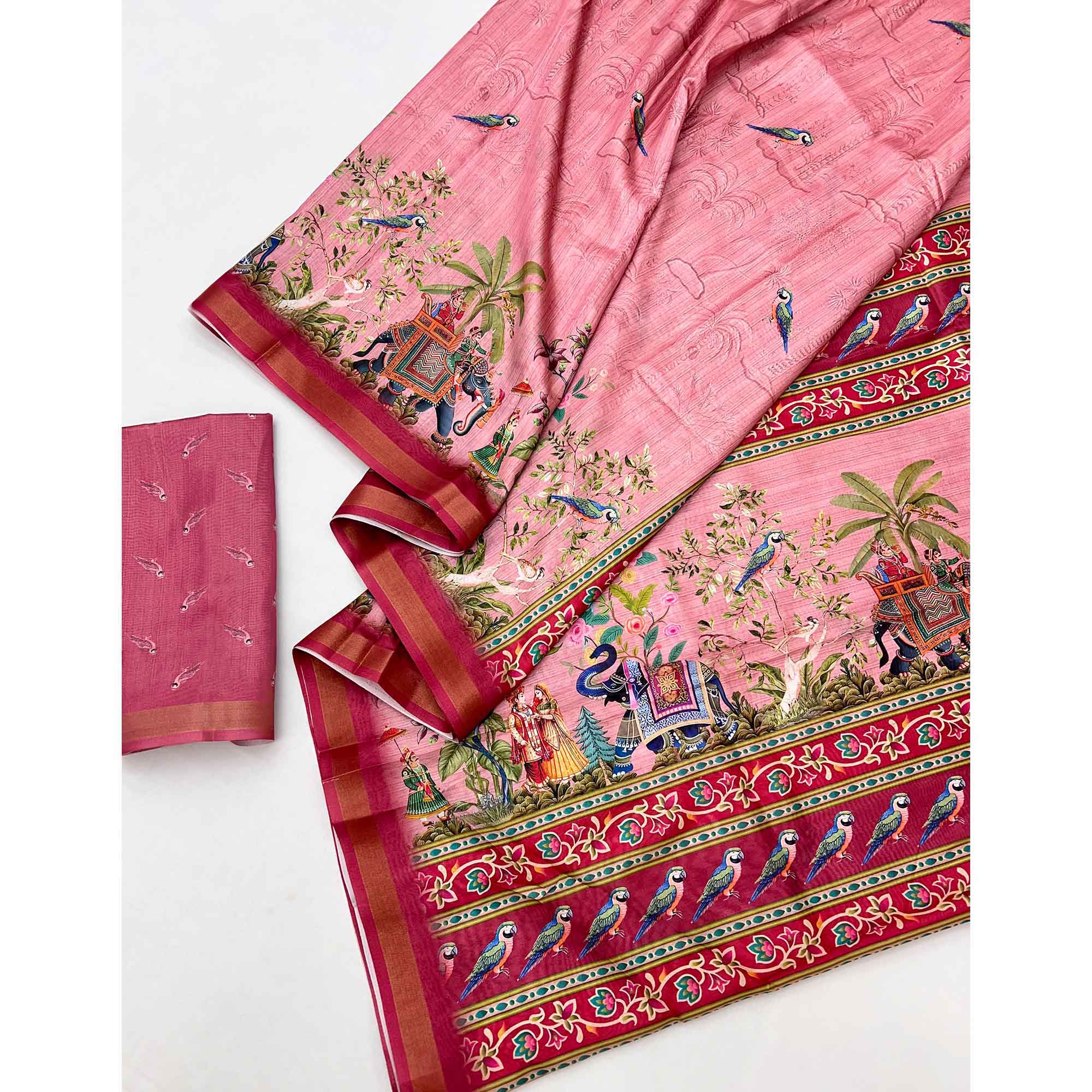 Pink Dola Silk Saree With Majestic Elephant & Vibrant Peacock Digital Prints