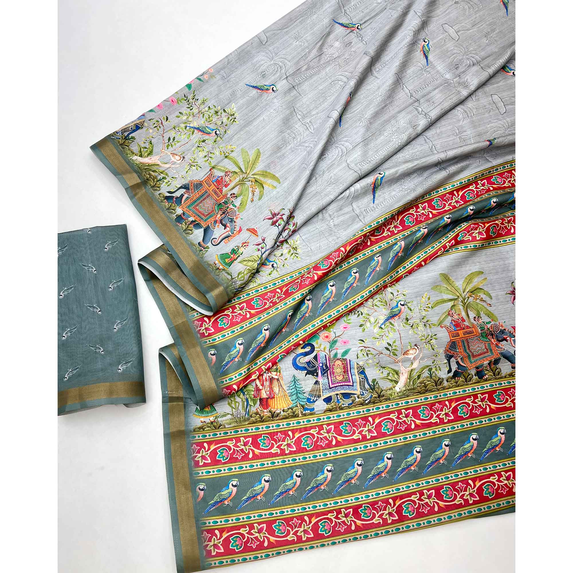 Grey Dola Silk Saree With Majestic Elephant & Vibrant Peacock Digital Prints