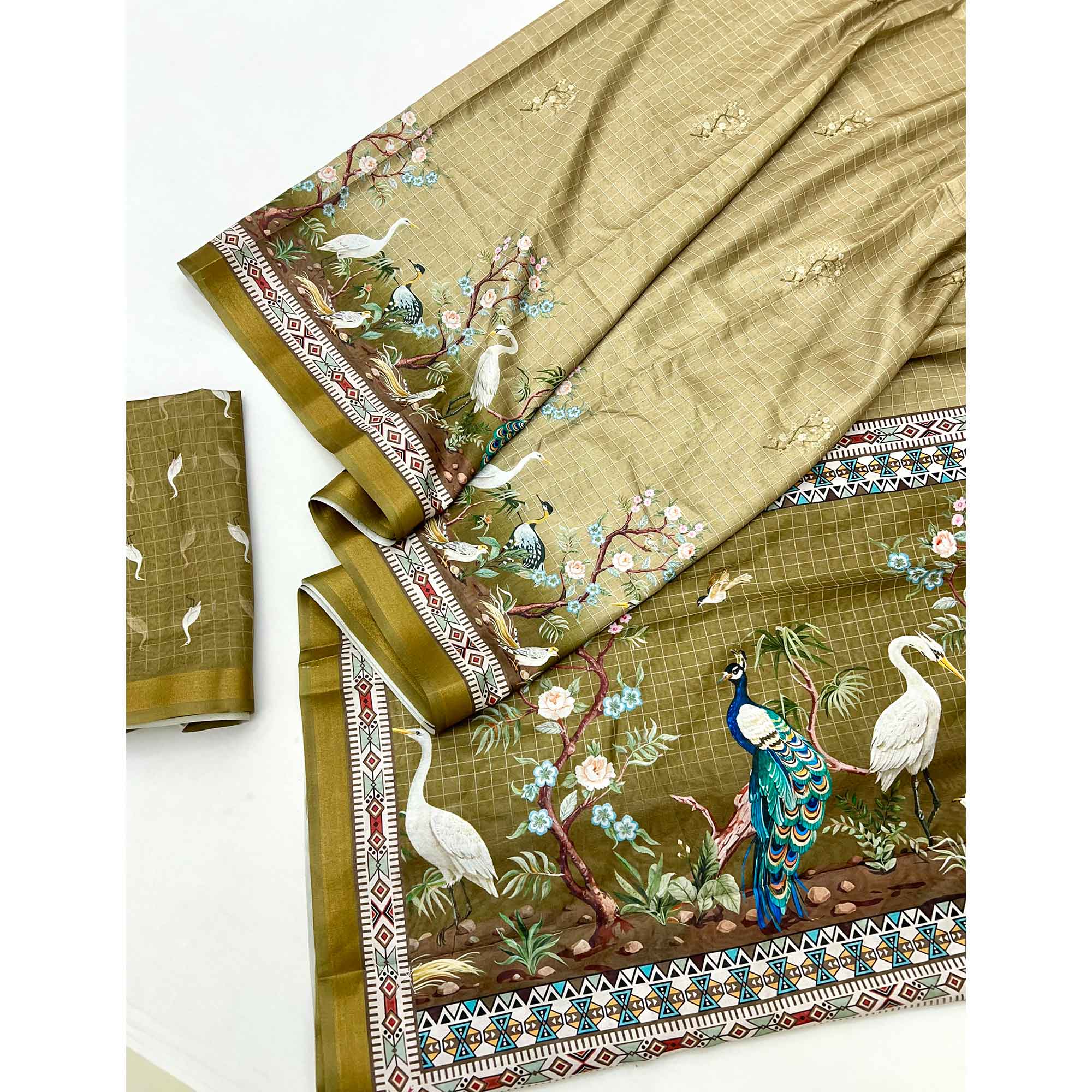 Green Digital Printed Dola Silk Saree With Royal Floral & Peacock Motifs