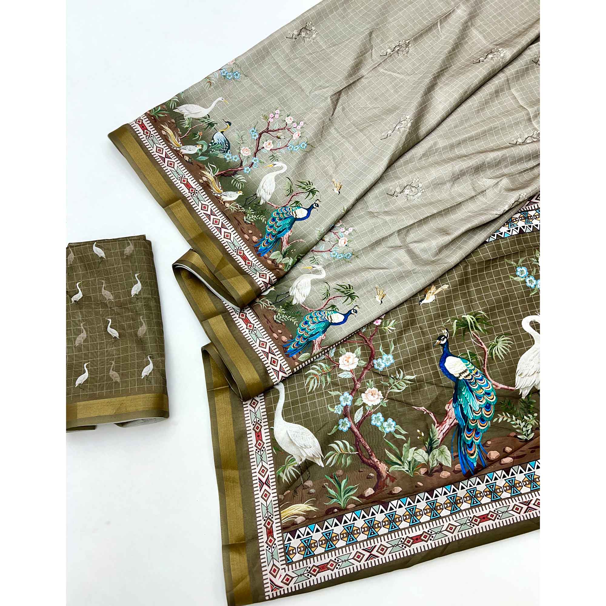 Grey Digital Printed Dola Silk Saree With Royal Floral & Peacock Motifs
