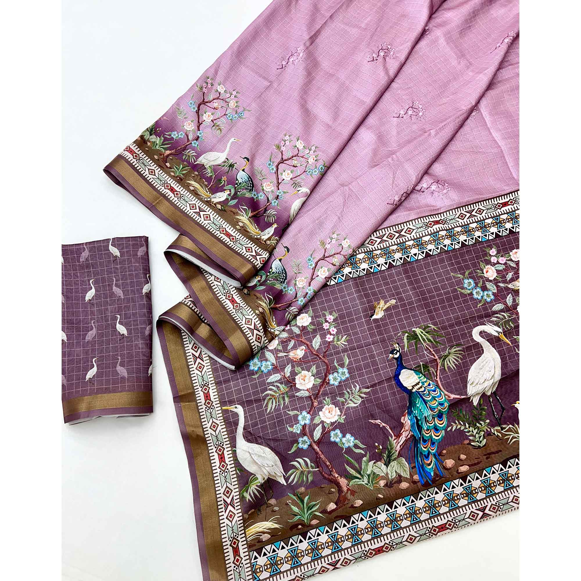 Purple Digital Printed Dola Silk Saree With Royal Floral & Peacock Motifs