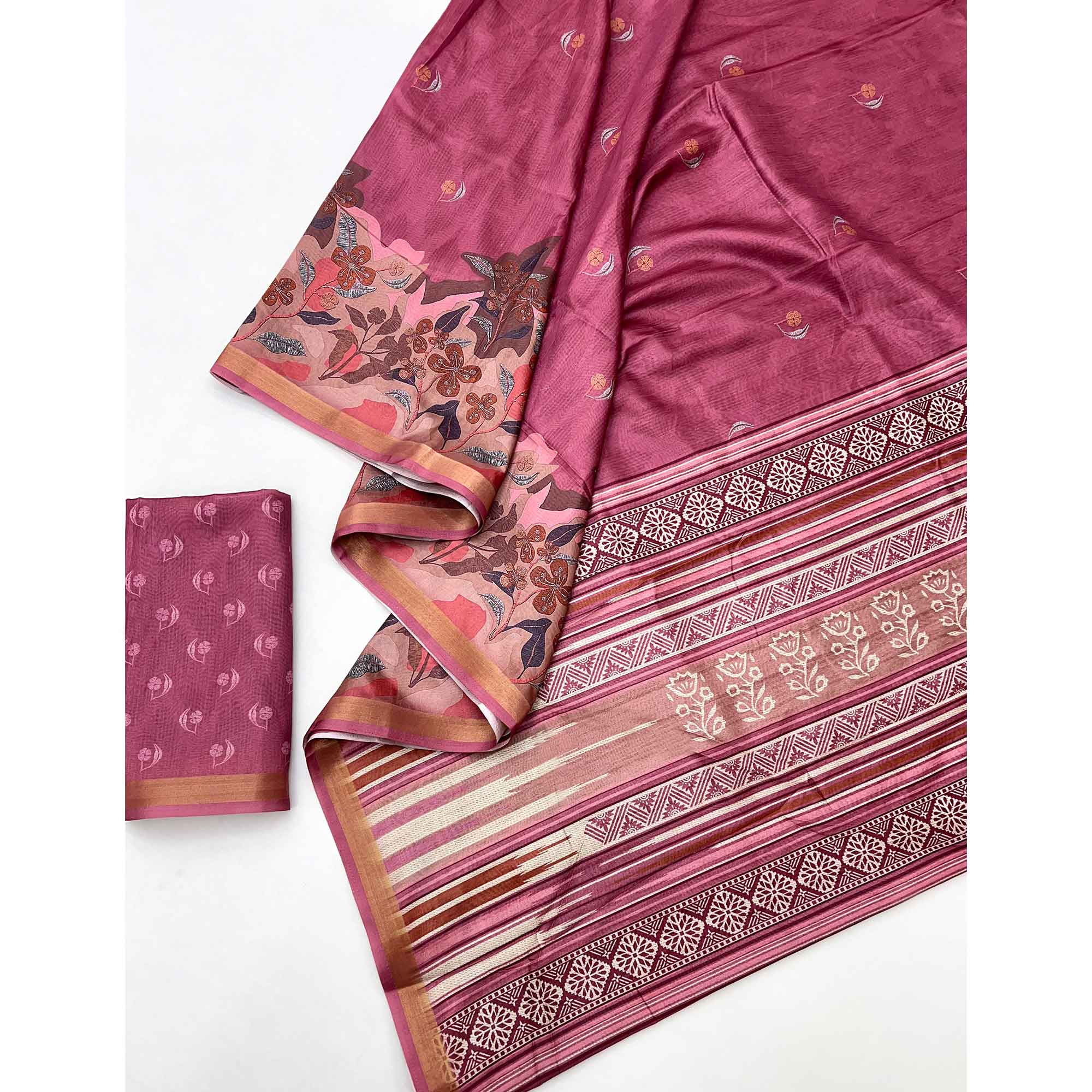 Ethereal Pink Floral Digital Printed Dola Silk Saree With Zari Border