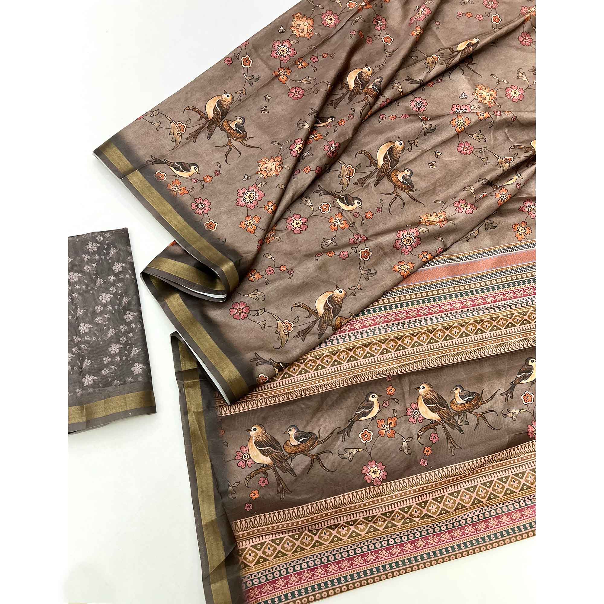 Brown Floral & Bird Digital Printed Dola Silk Saree With Elegant Zari Border