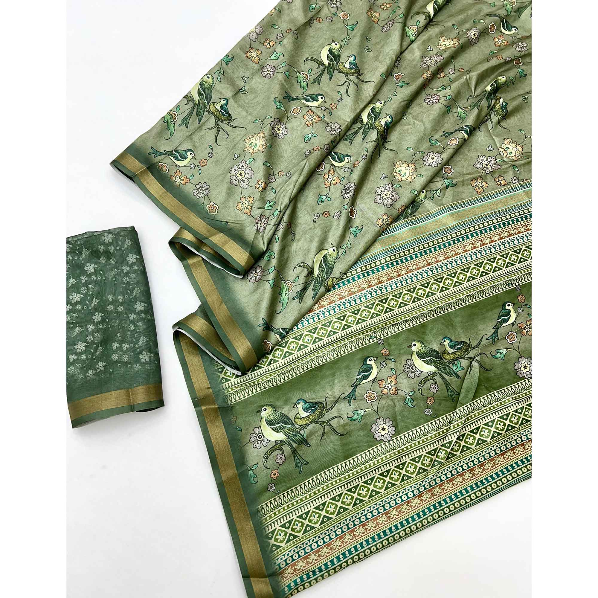Green Floral & Bird Digital Printed Dola Silk Saree With Elegant Zari Border