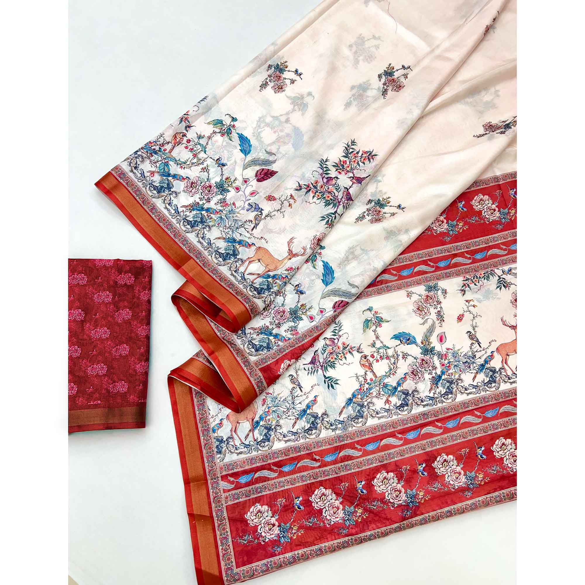 Offwhite Majestic Floral & Birds Digital Printed Dola Silk Saree With Refined Zari Border