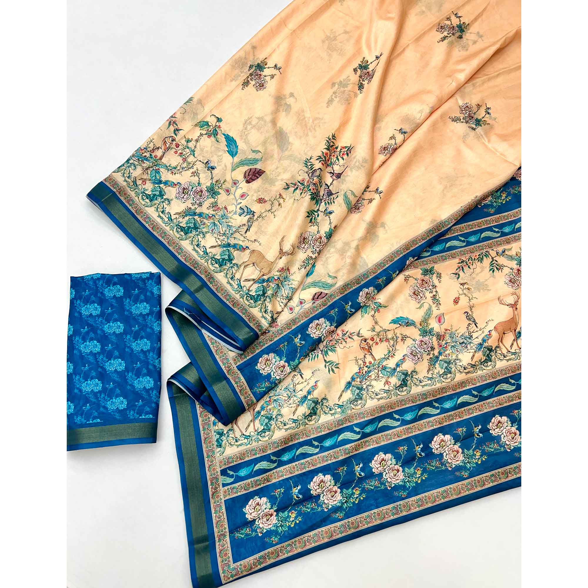 Light Peach Majestic Floral & Birds Digital Printed Dola Silk Saree With Refined Zari Border