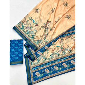 Light Peach Majestic Floral & Birds Digital Printed Dola Silk Saree With Refined Zari Border