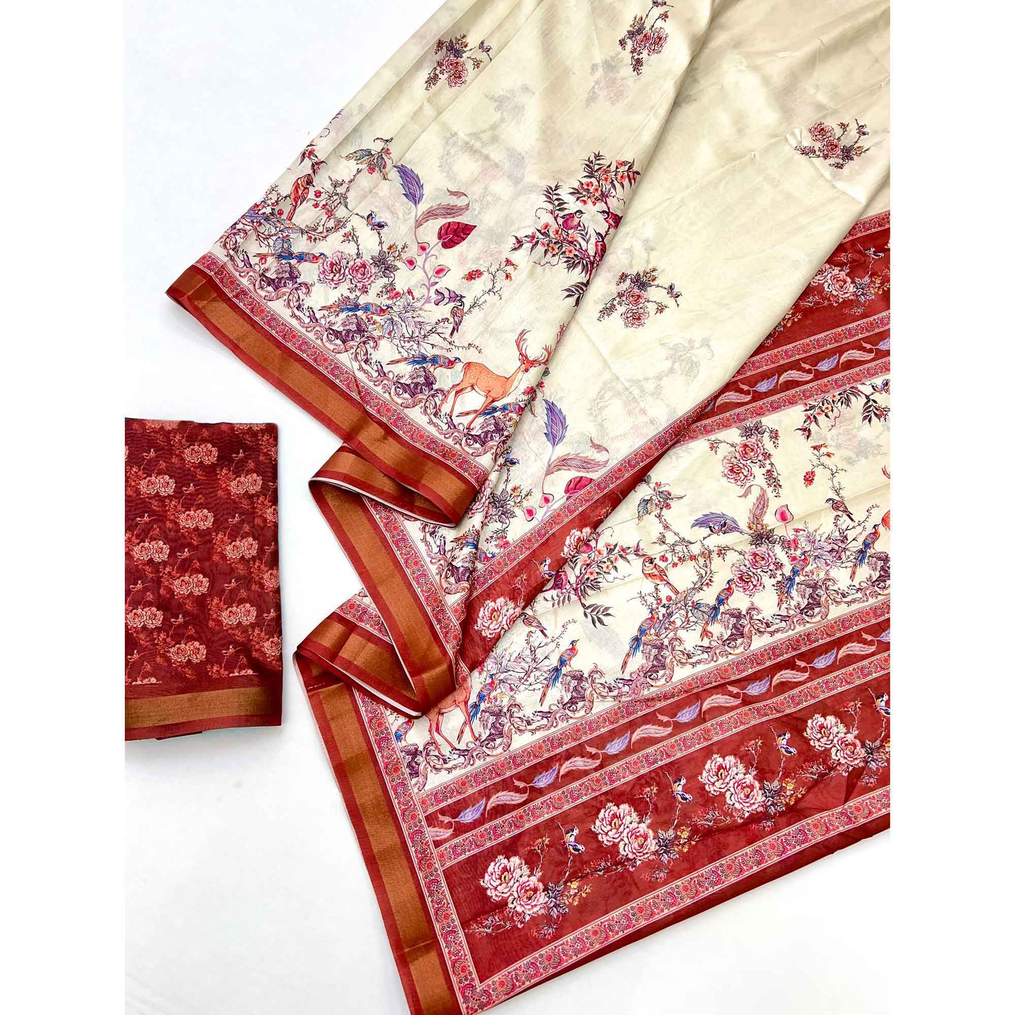 Cream Majestic Floral & Birds Digital Printed Dola Silk Saree With Refined Zari Border
