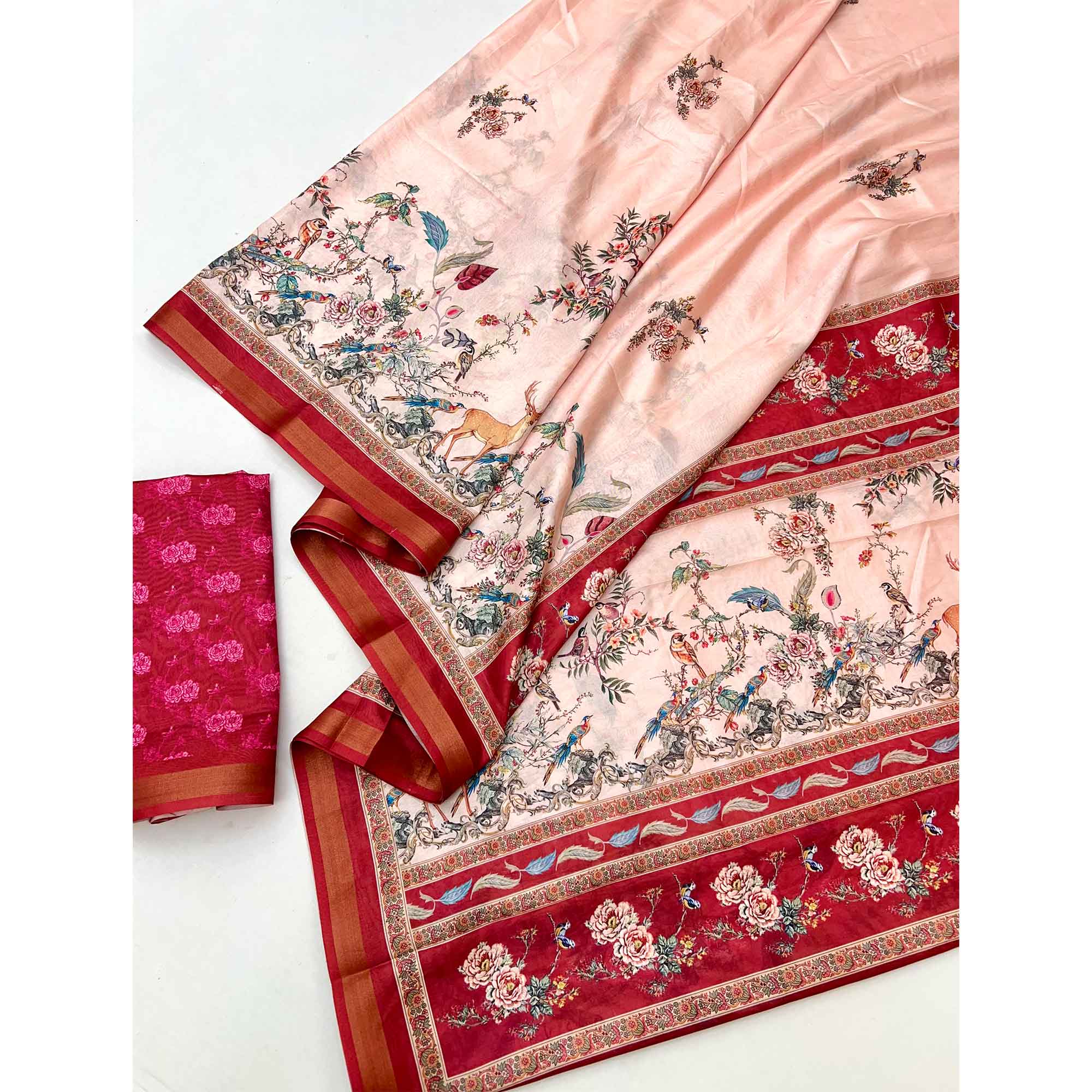 Peach Majestic Floral & Birds Digital Printed Dola Silk Saree With Refined Zari Border