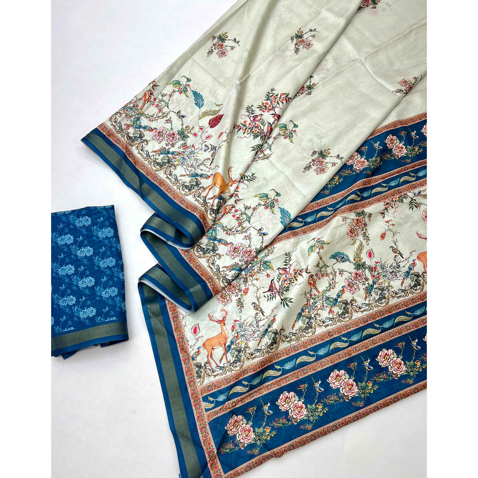 Pastel Green Majestic Floral & Birds Digital Printed Dola Silk Saree With Refined Zari Border