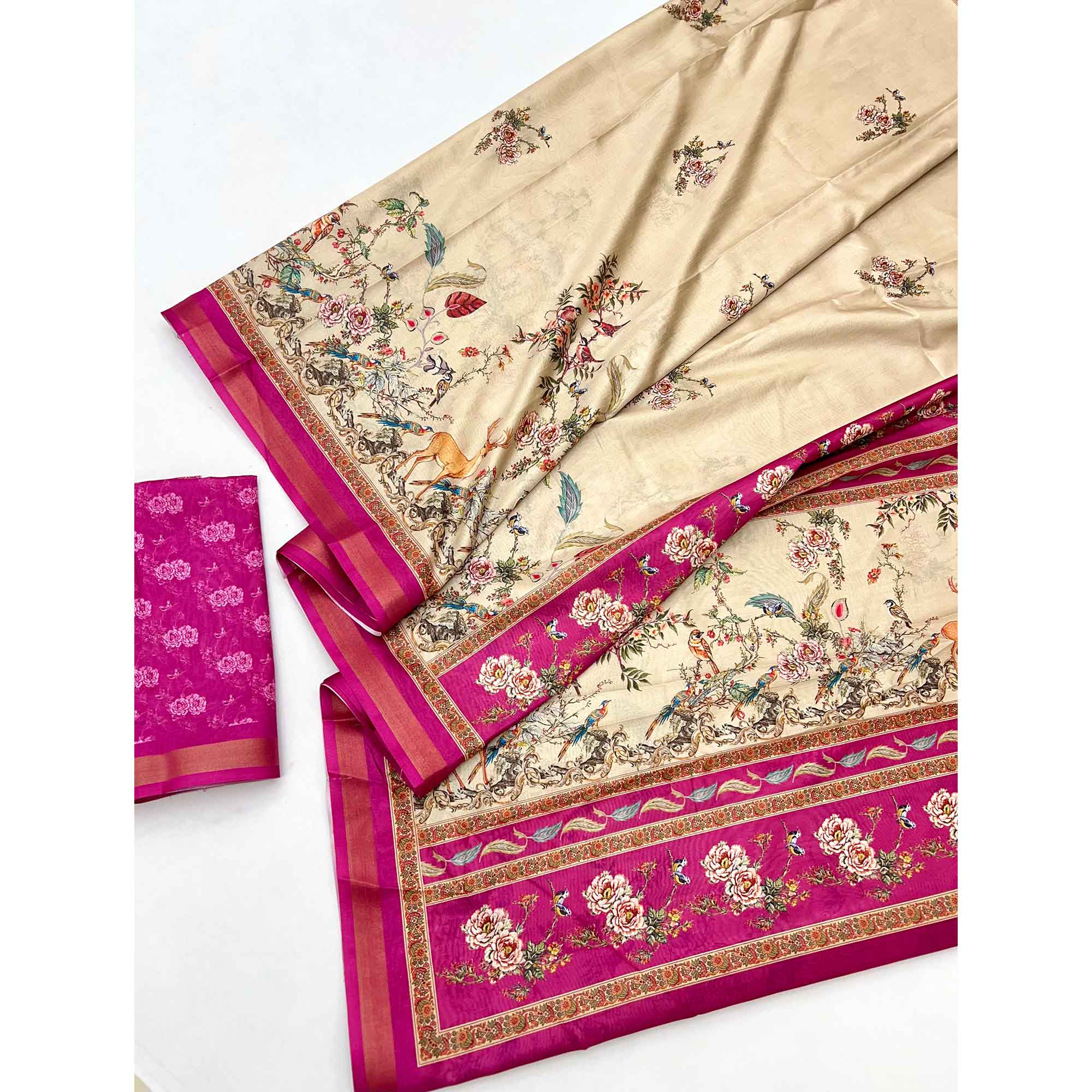 Chikoo Majestic Floral & Birds Digital Printed Dola Silk Saree With Refined Zari Border