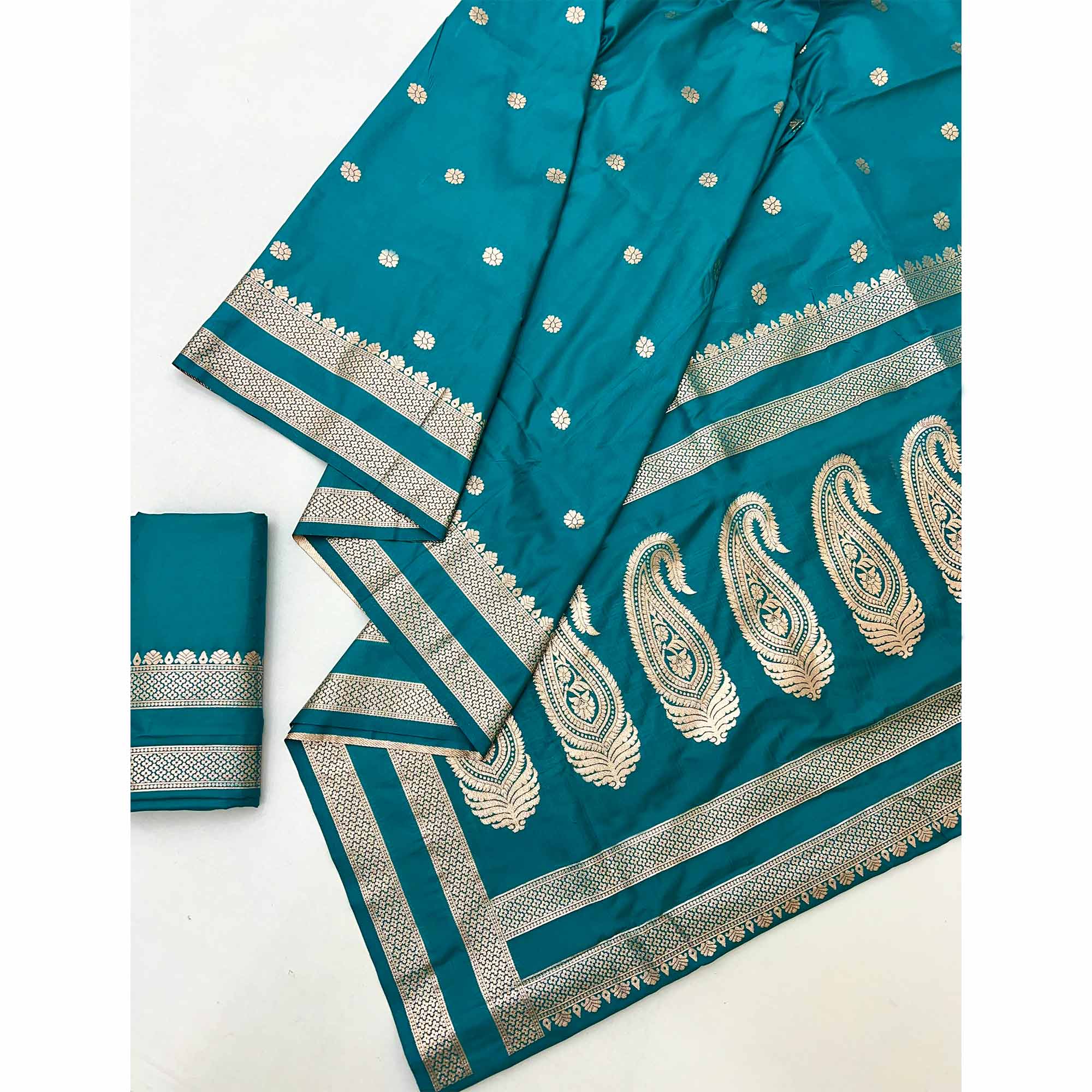 Rama Blue Ornate Floral Zari Weaving Work Silk Blend Saree With Festive Shine