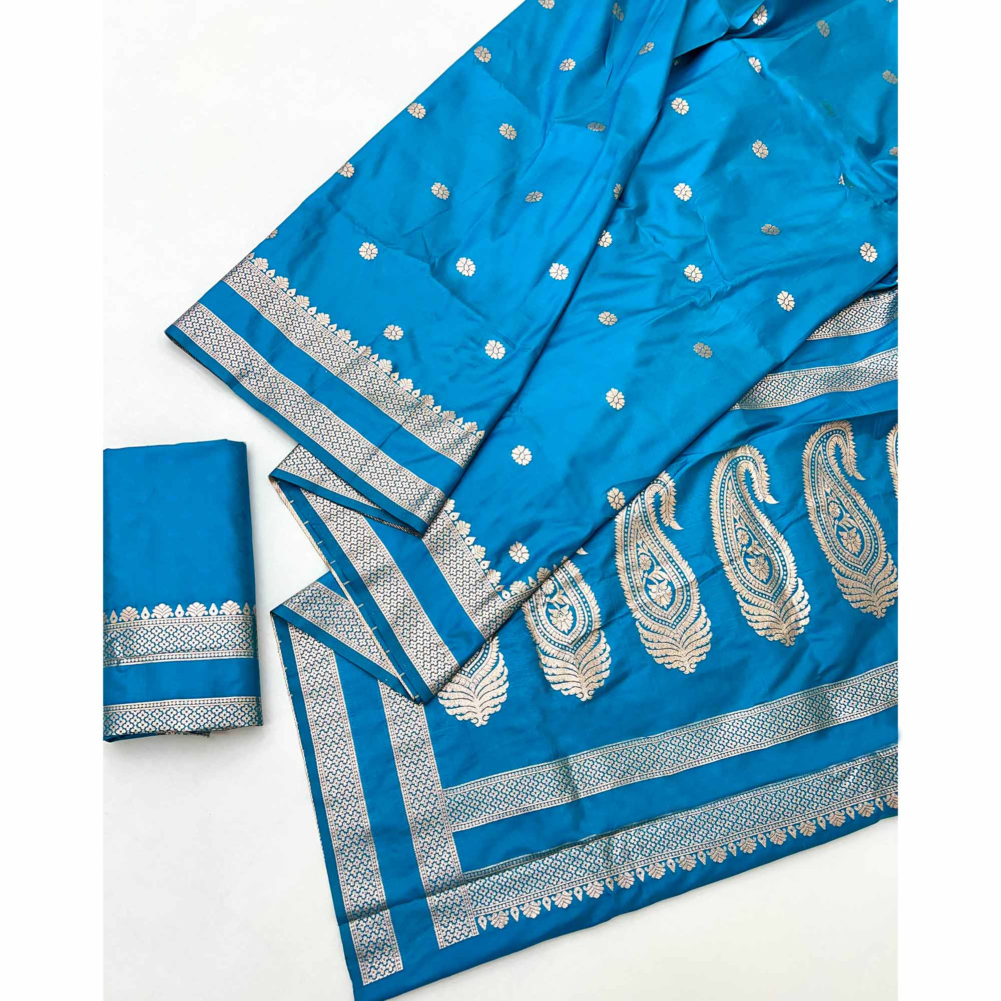 Blue Ornate Floral Zari Weaving Work Silk Blend Saree With Festive Shine