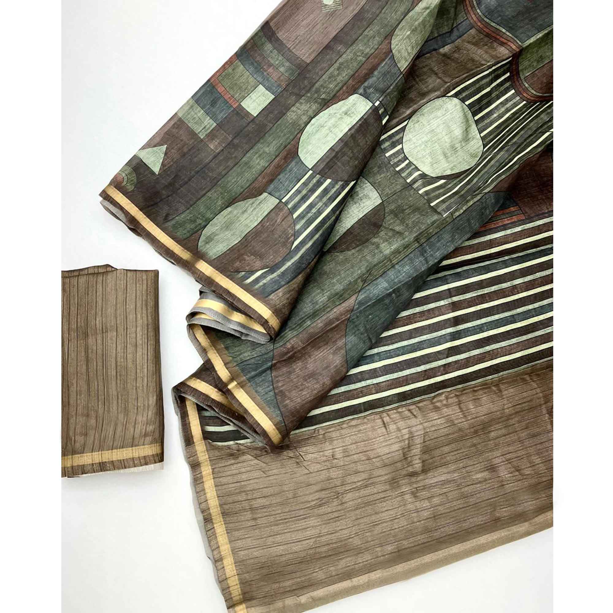Brown Contemporary Geometric Digital Printed Viscose Saree With Gleaming Zari Border