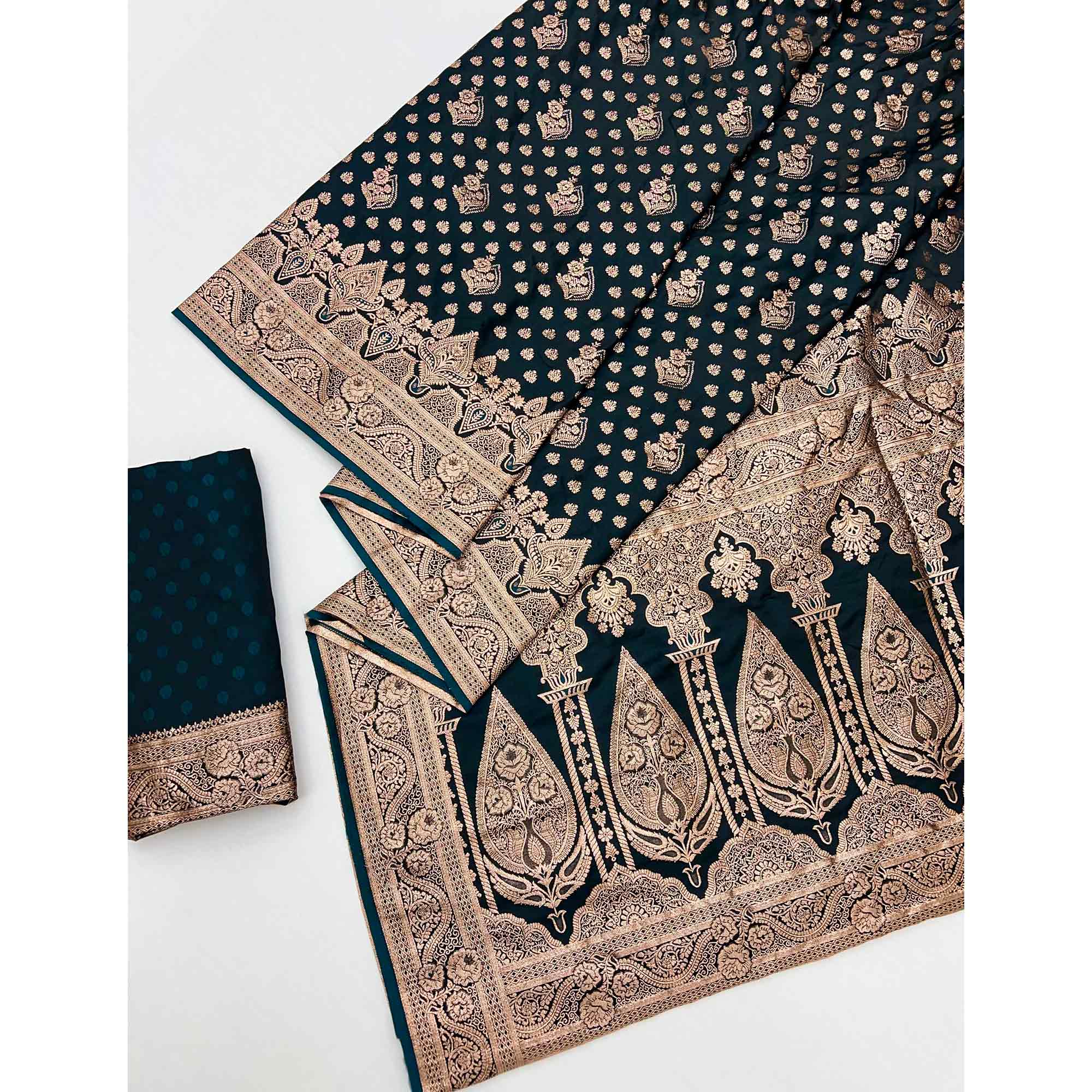 Morpich Blue Classic Floral Zari Weaving Satin Silk Saree With Sophisticated Drape