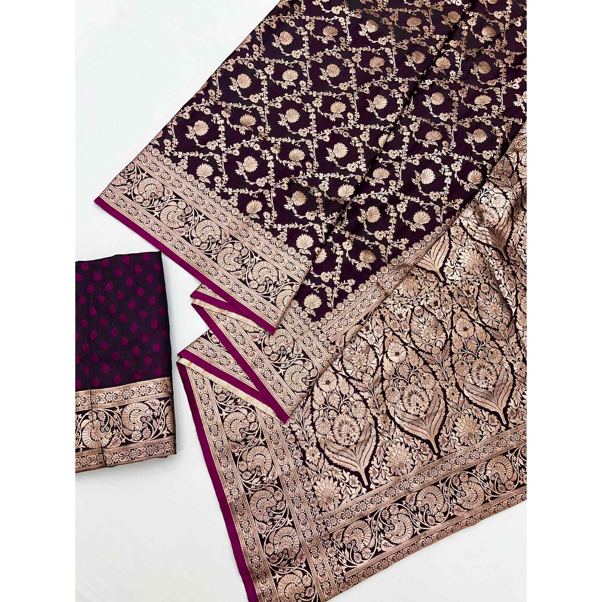 Wine Classic Floral Zari Weaving Satin Silk Saree With Sophisticated Drape