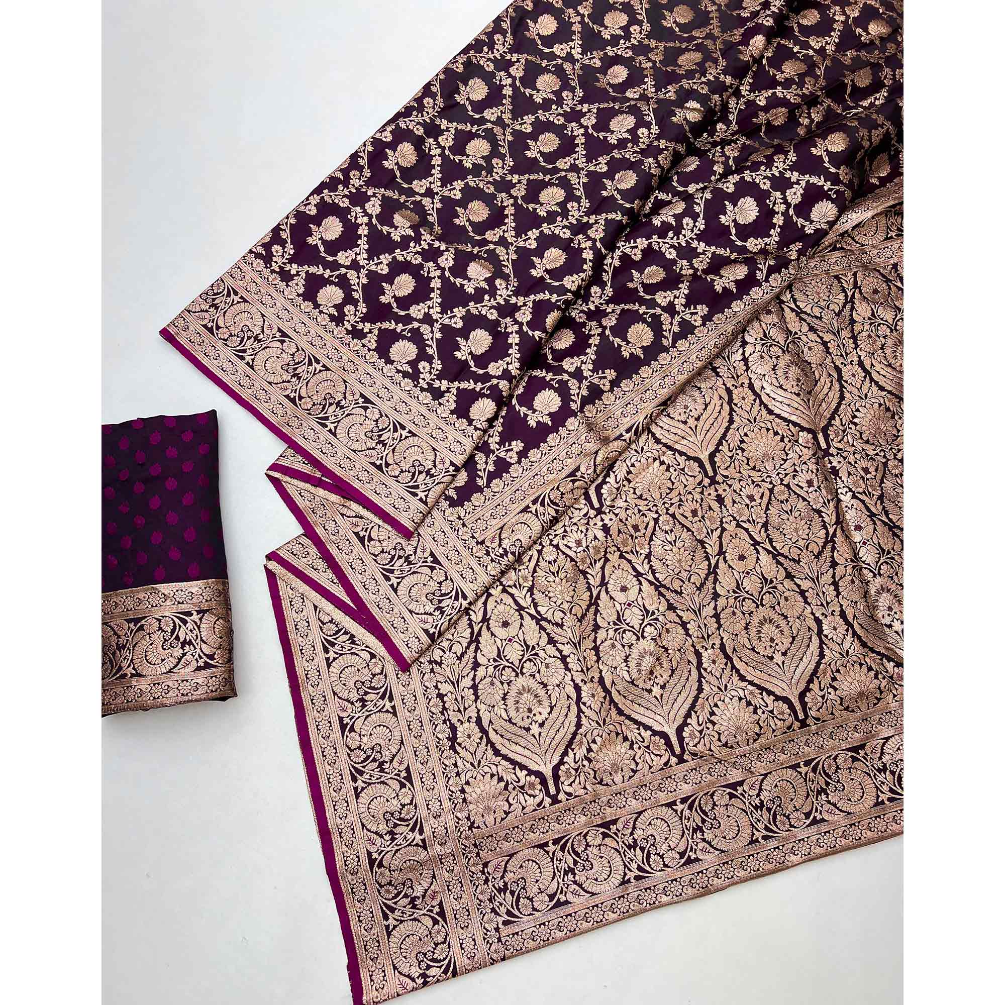 Wine Classic Floral Zari Weaving Satin Silk Saree With Sophisticated Drape