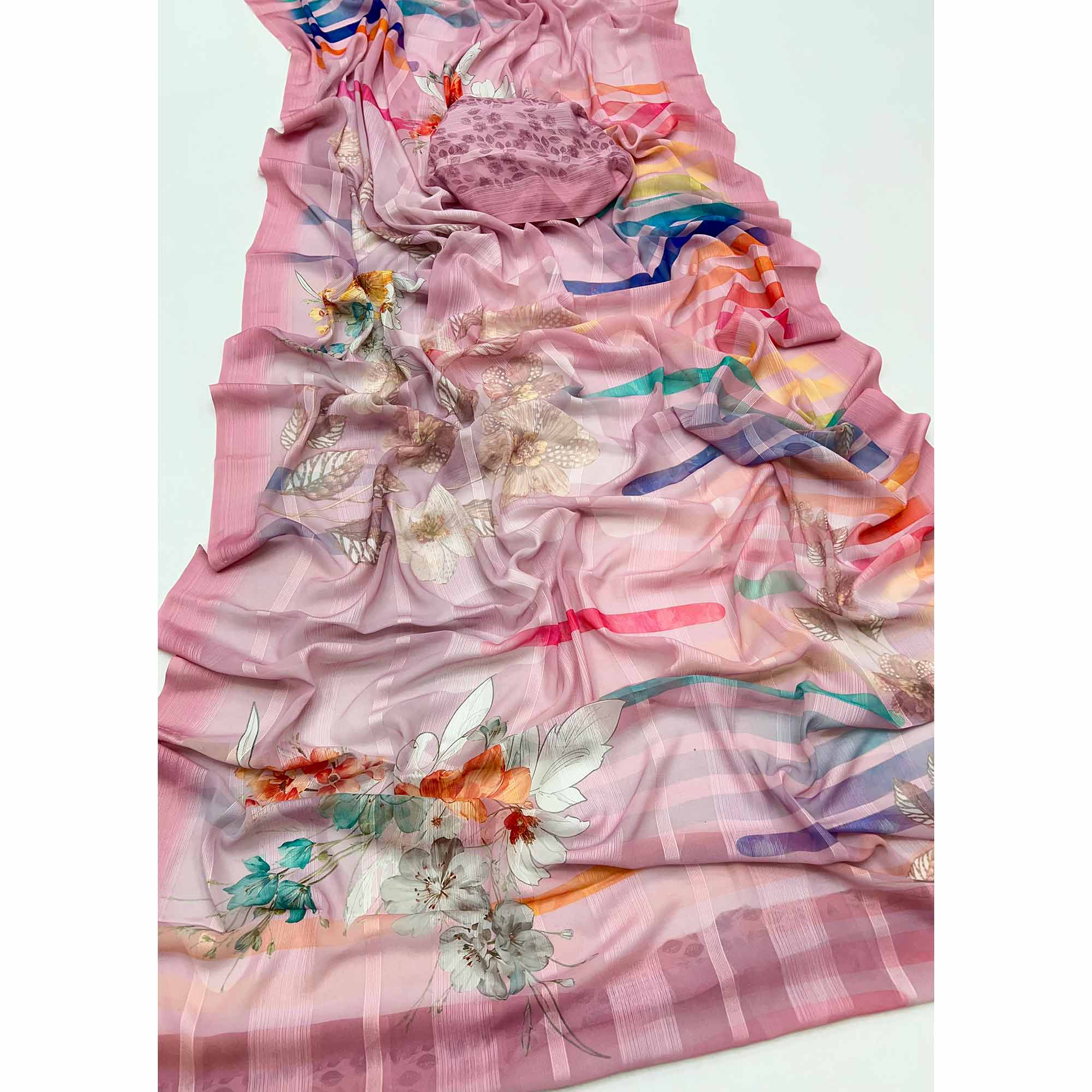 Pink Contemporary Floral Digital Printed Silk Blend Saree With Textured Striped Weaving