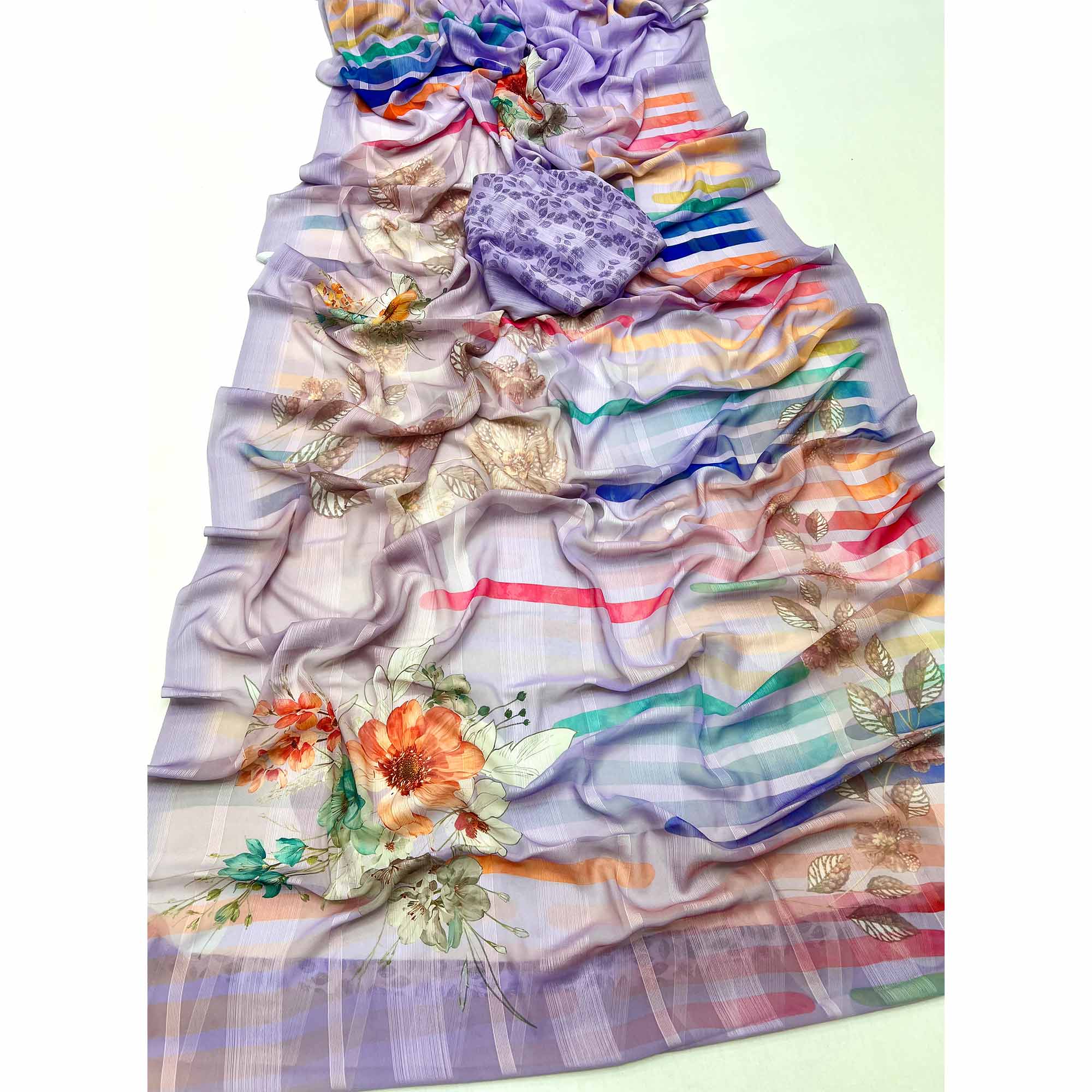 Lavender Contemporary Floral Digital Printed Silk Blend Saree With Textured Striped Weaving