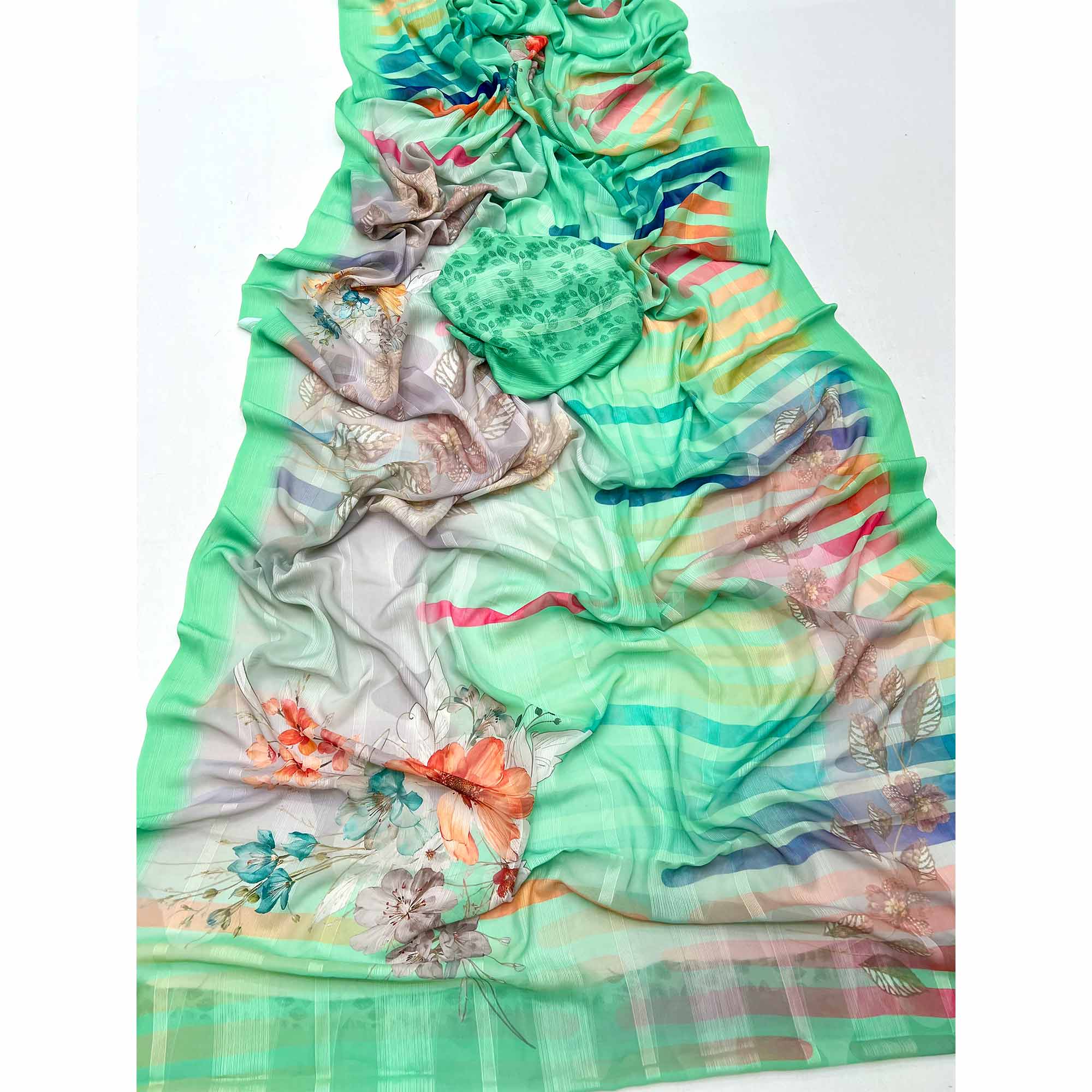 Green Contemporary Floral Digital Printed Silk Blend Saree With Textured Striped Weaving