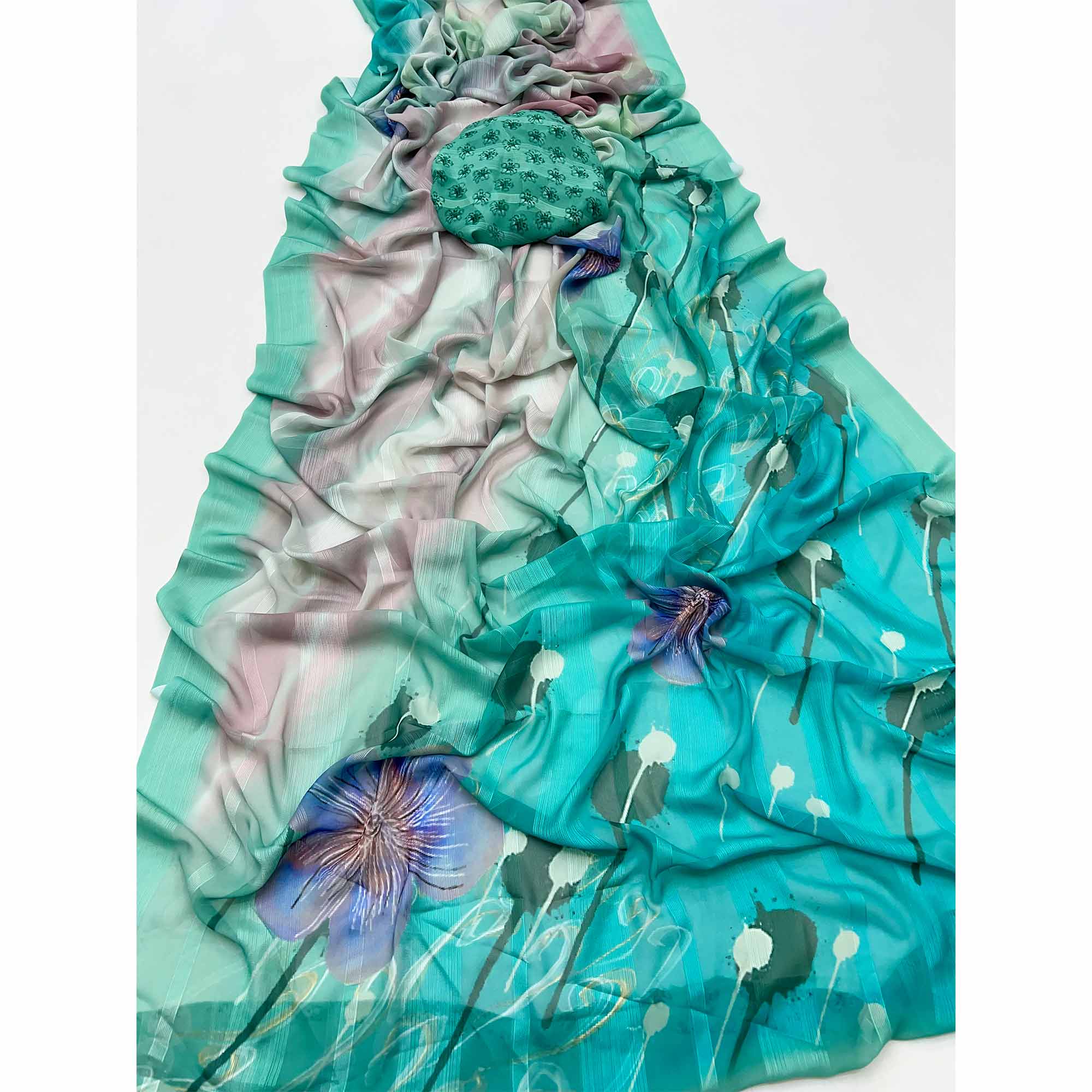 Turquoise Silk Blend Saree With Floral Digital Prints & Striped Weaving Design