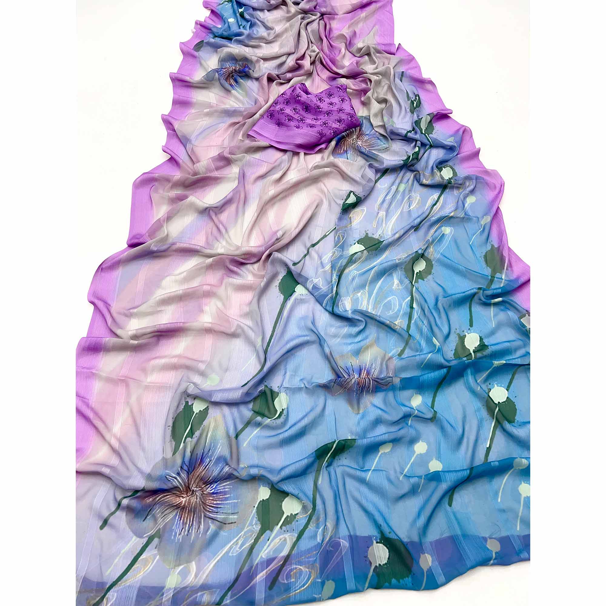 Lavender Silk Blend Saree With Floral Digital Prints & Striped Weaving Design