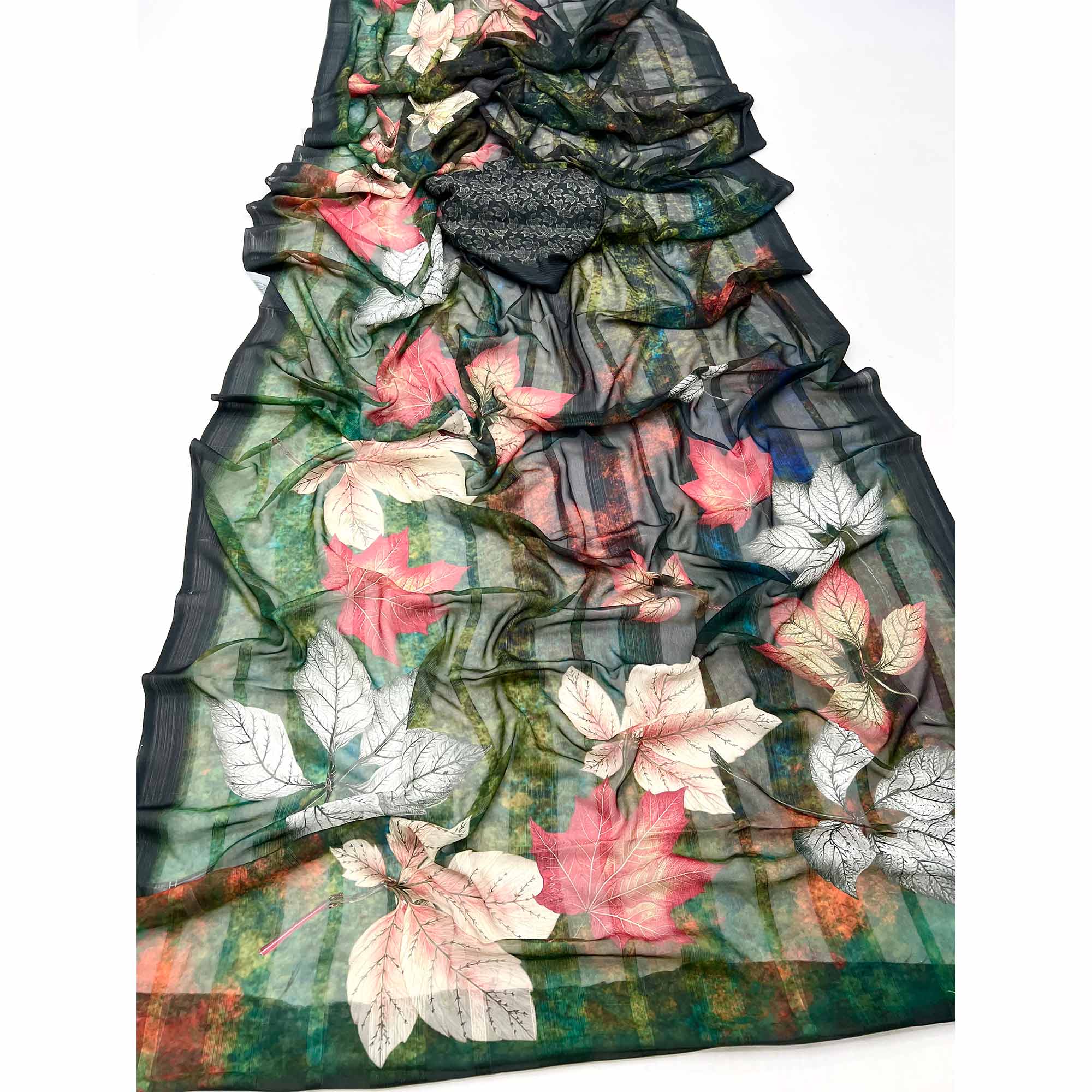 Trendy Green Leaf Digital Printed Silk Blend Saree With Textured Striped Weaving