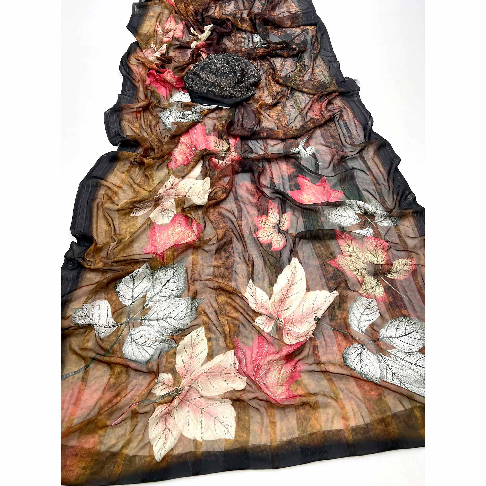 Trendy Brown Leaf Digital Printed Silk Blend Saree With Textured Striped Weaving