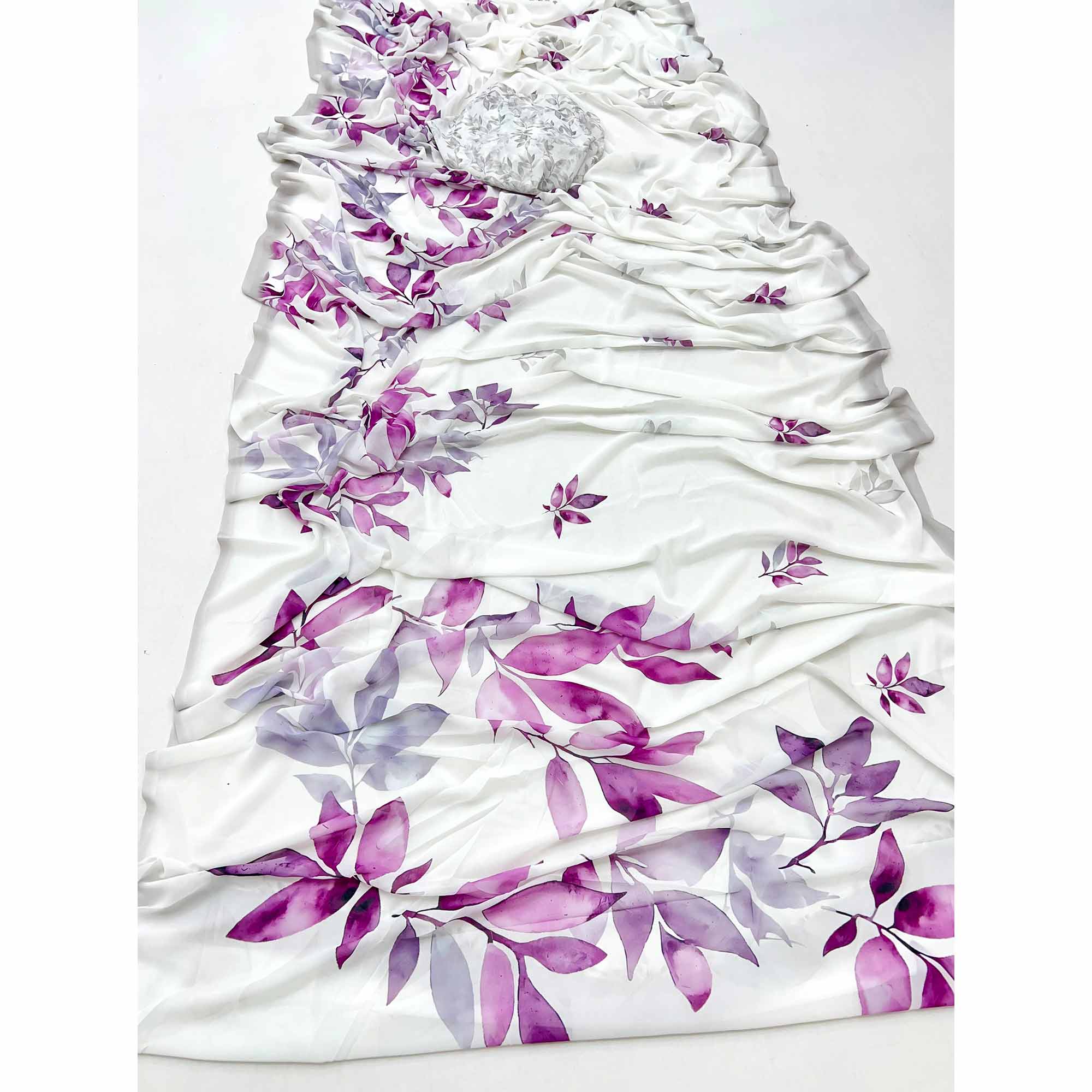 White Lightweight Georgette Saree Highlighted With Floral Digital Motifs