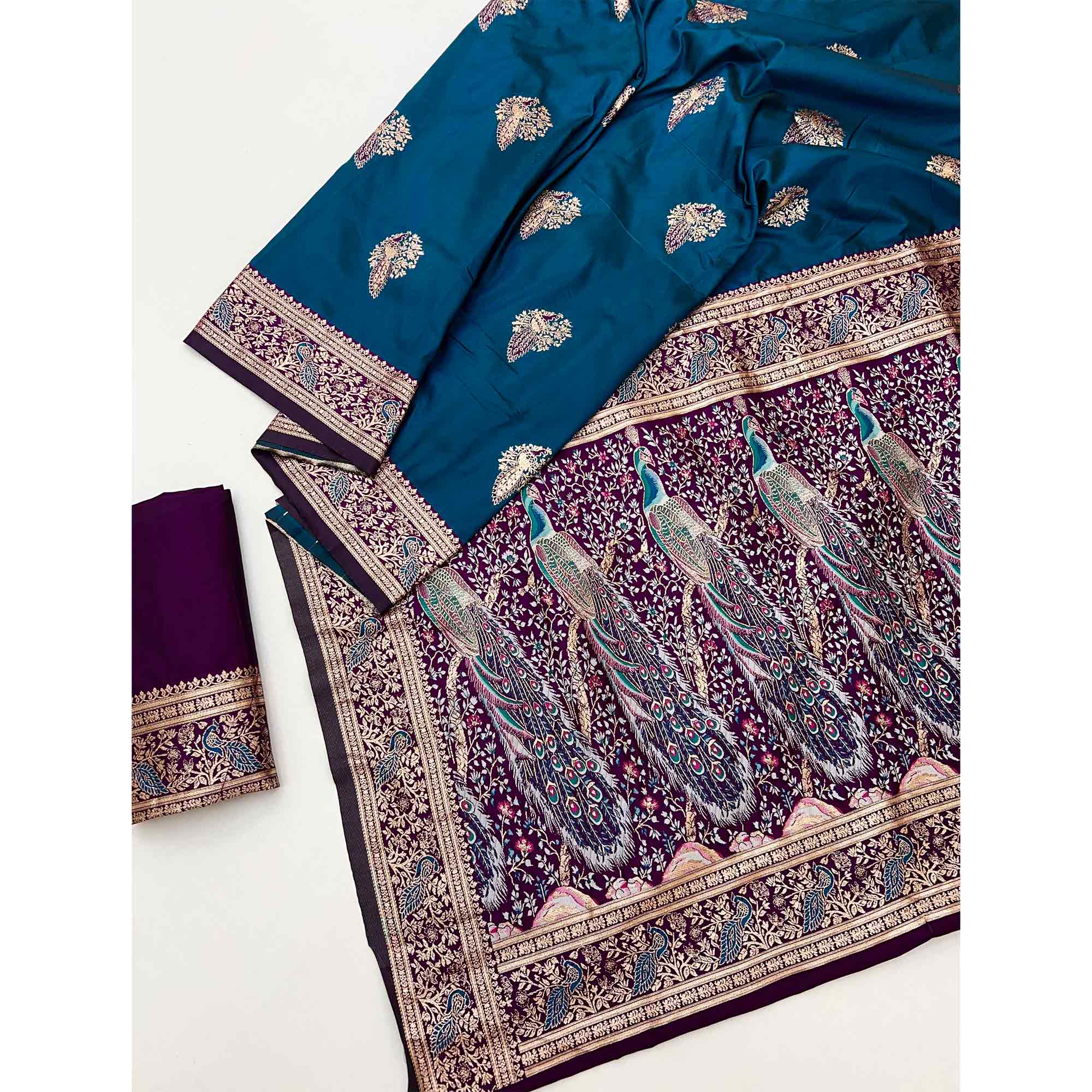 Classic Morpich Blue Silk Blend Saree With Ornate Peacock & Floral Zari Woven Motifs