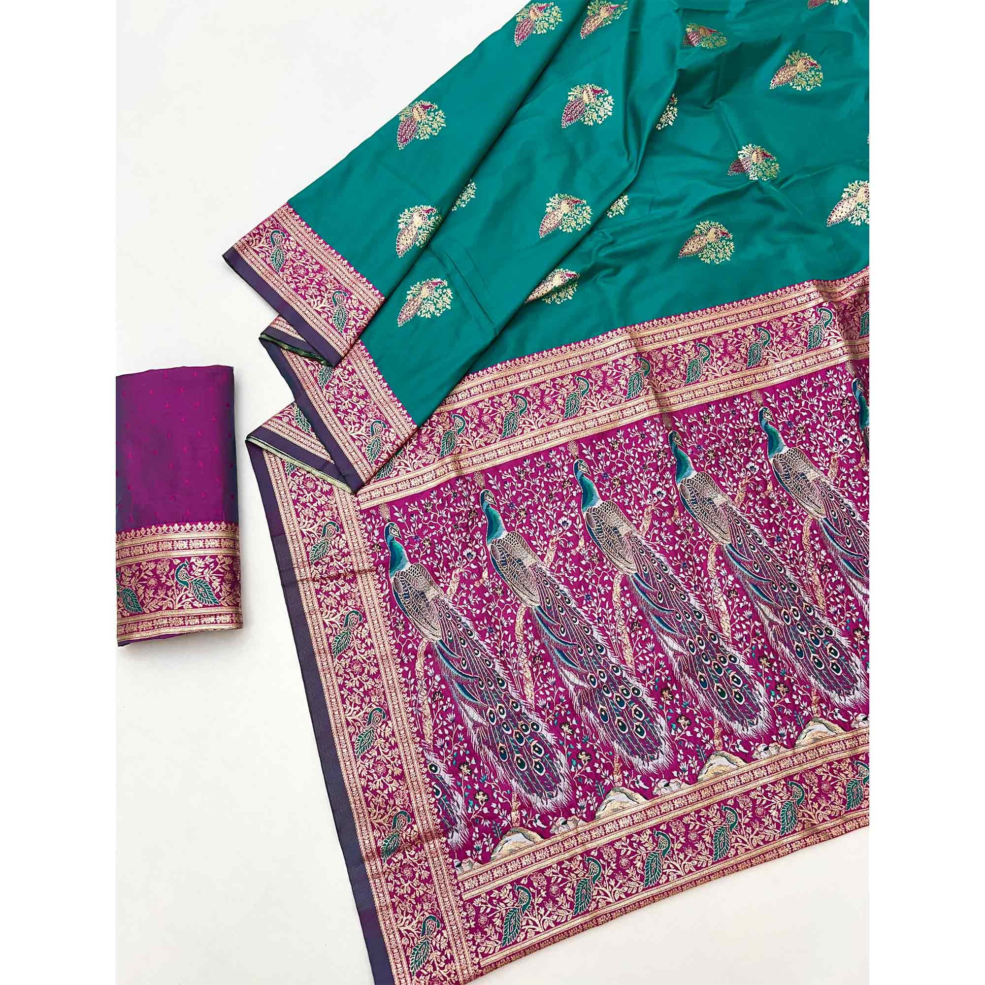 Classic Rama Green Silk Blend Saree With Ornate Peacock & Floral Zari Woven Motifs