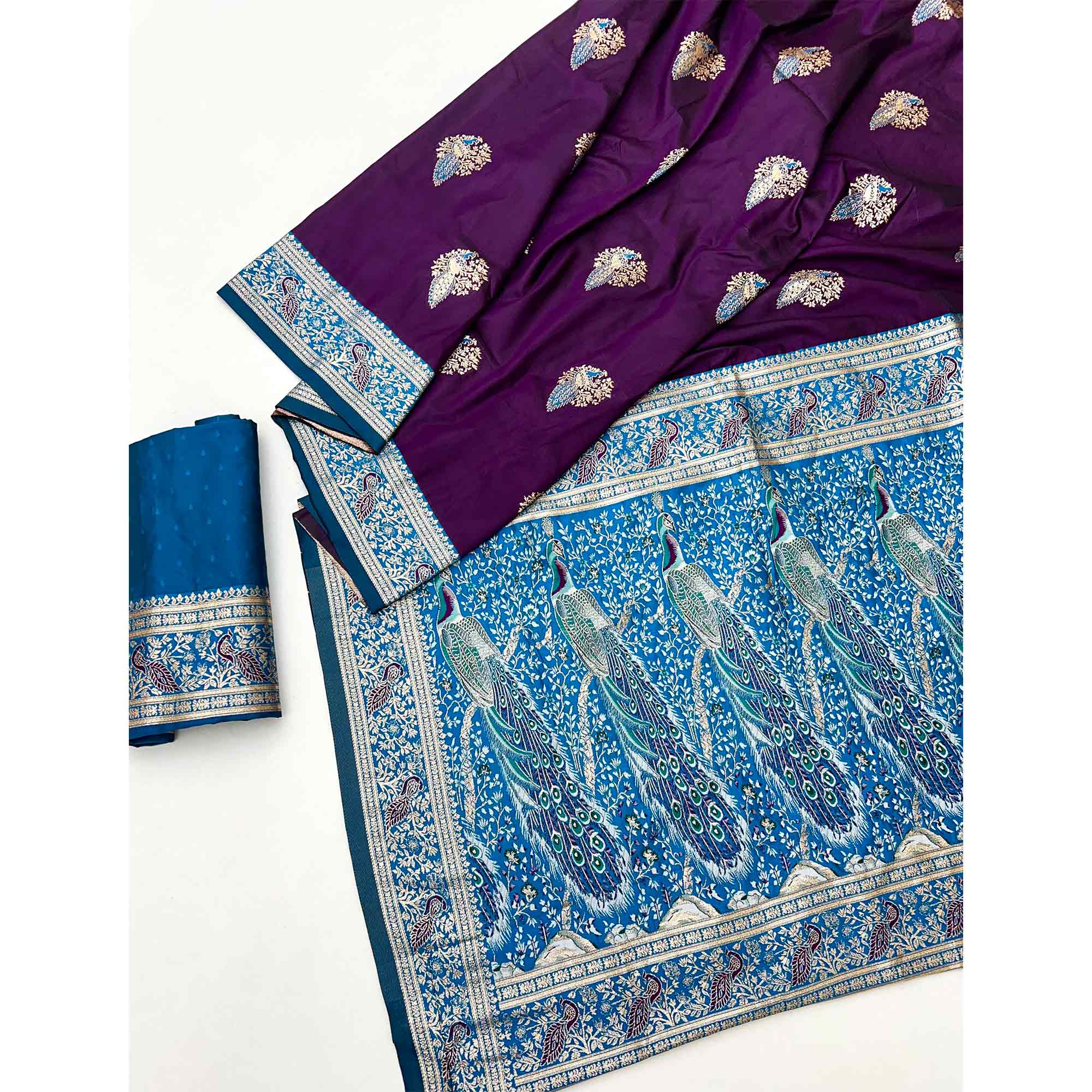Classic Purple Silk Blend Saree With Ornate Peacock & Floral Zari Woven Motifs