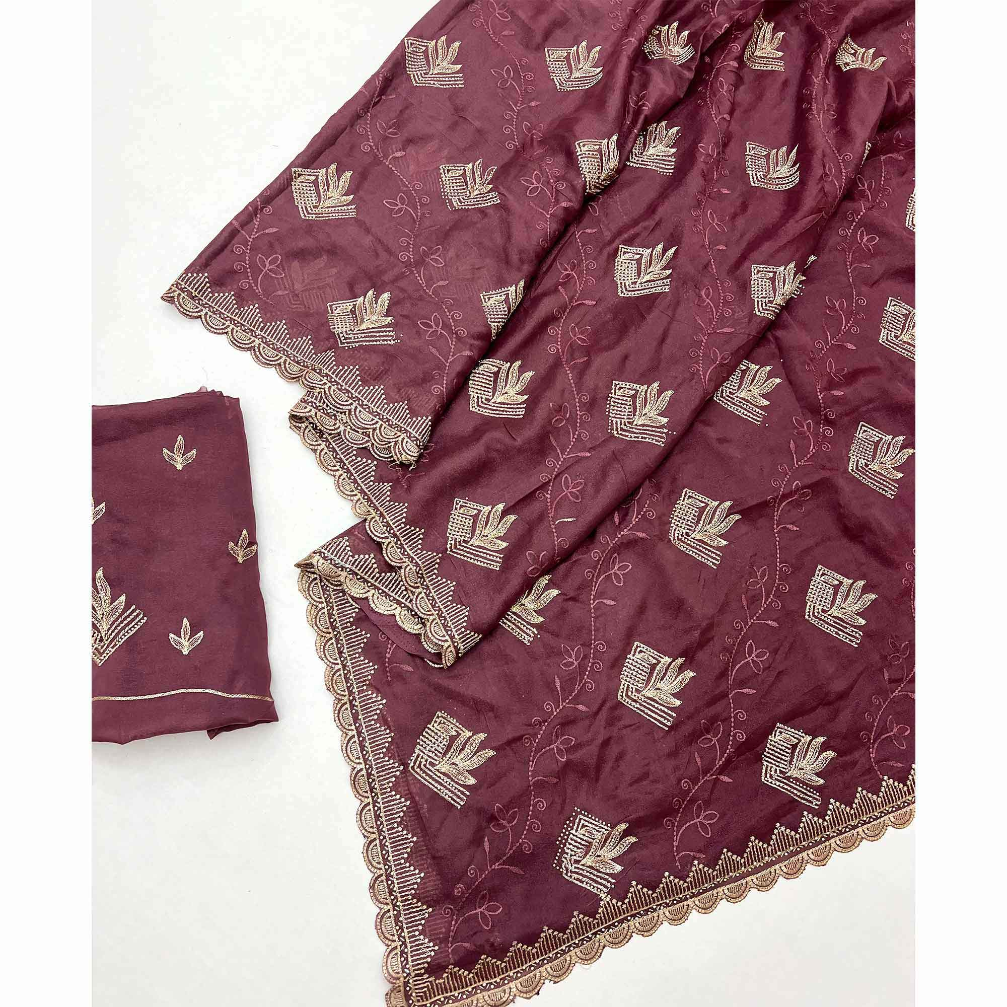 Elegant Wine Georgette Saree Accented With Intricate Floral Thread Embroidery