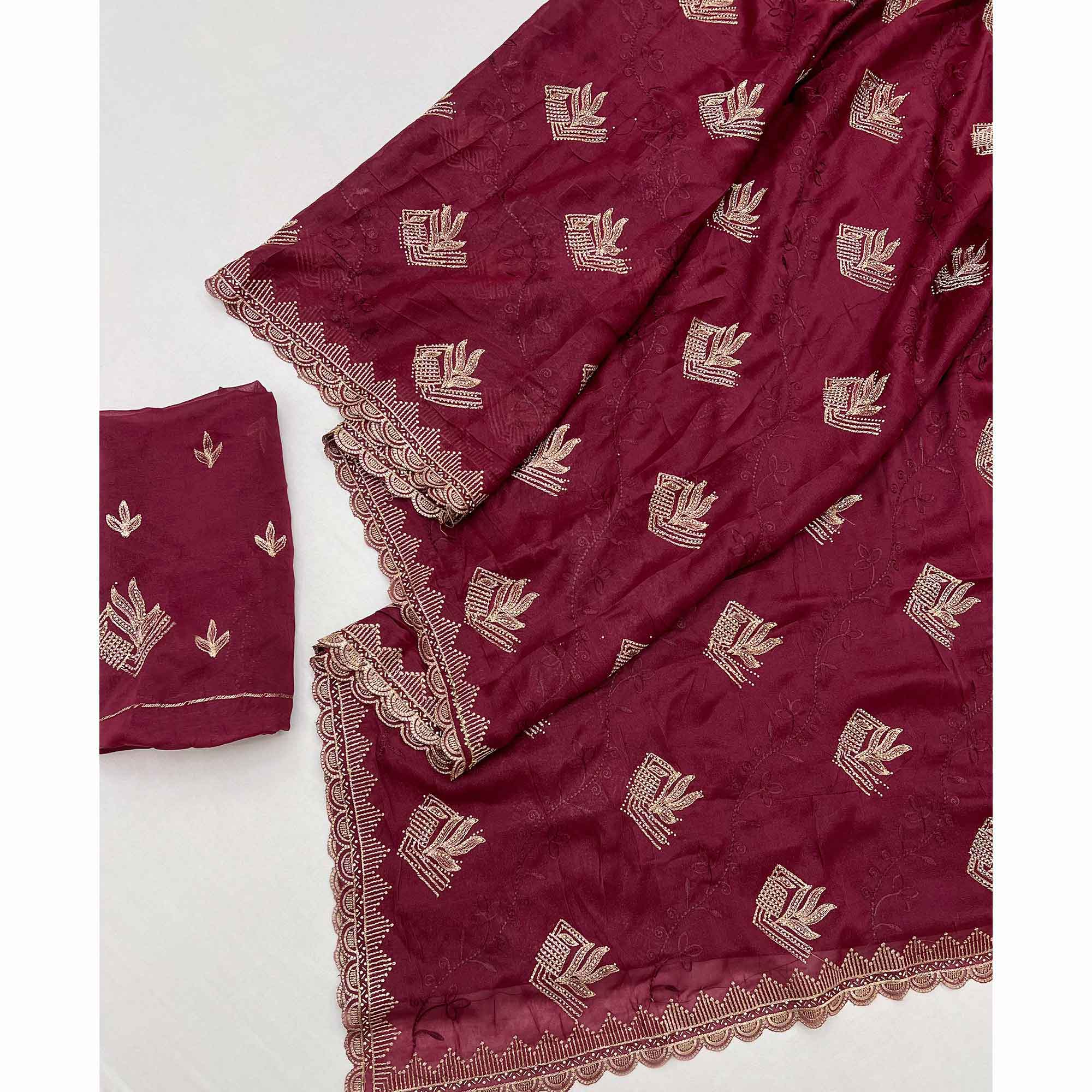 Elegant Maroon Georgette Saree Accented With Intricate Floral Thread Embroidery