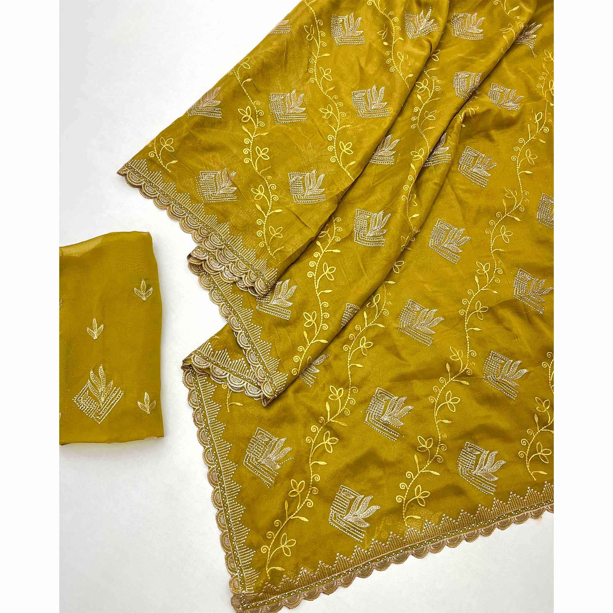 Elegant Mustard Georgette Saree Accented With Intricate Floral Thread Embroidery