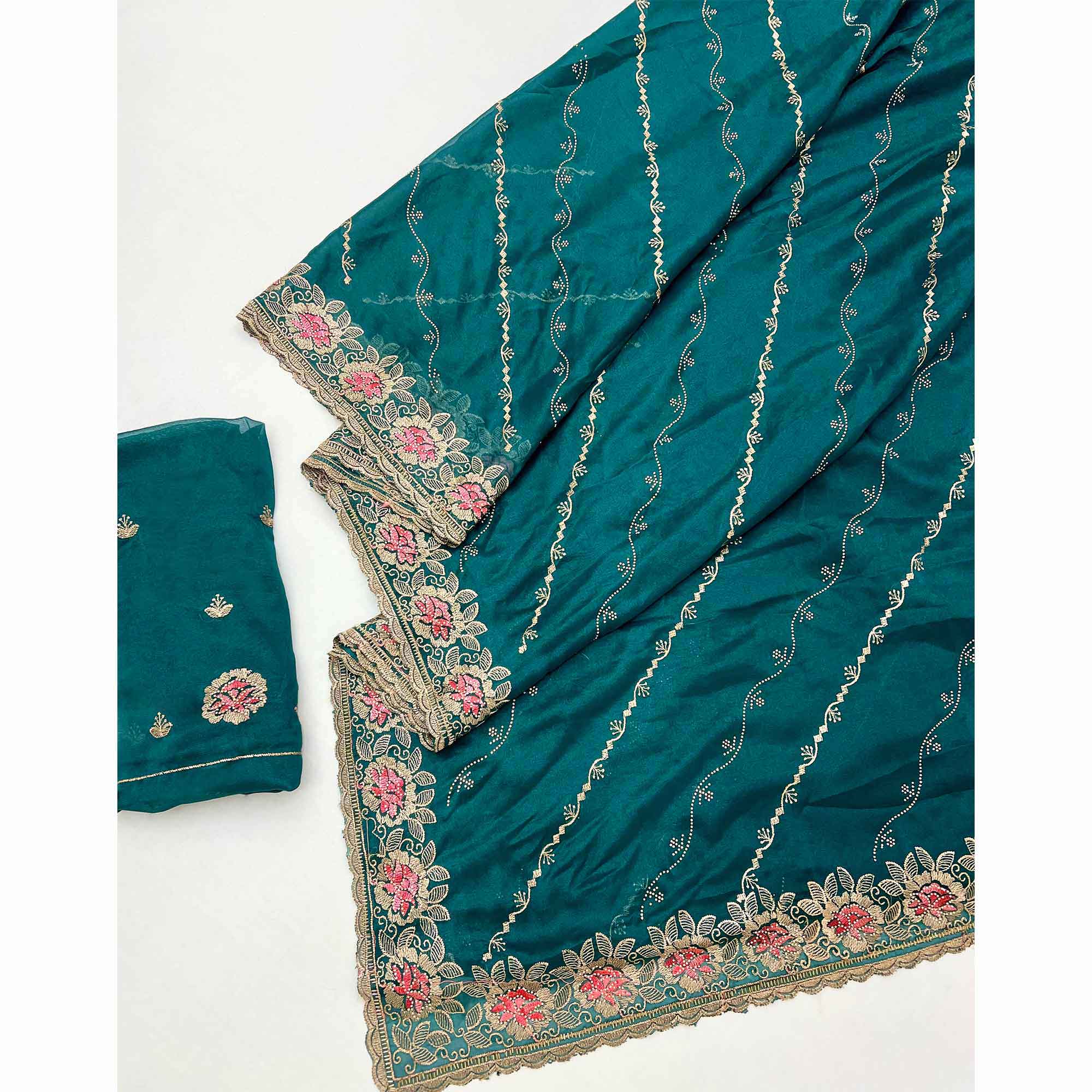 Graceful Teal Floral Thread & Zari Embroidered Georgette Saree