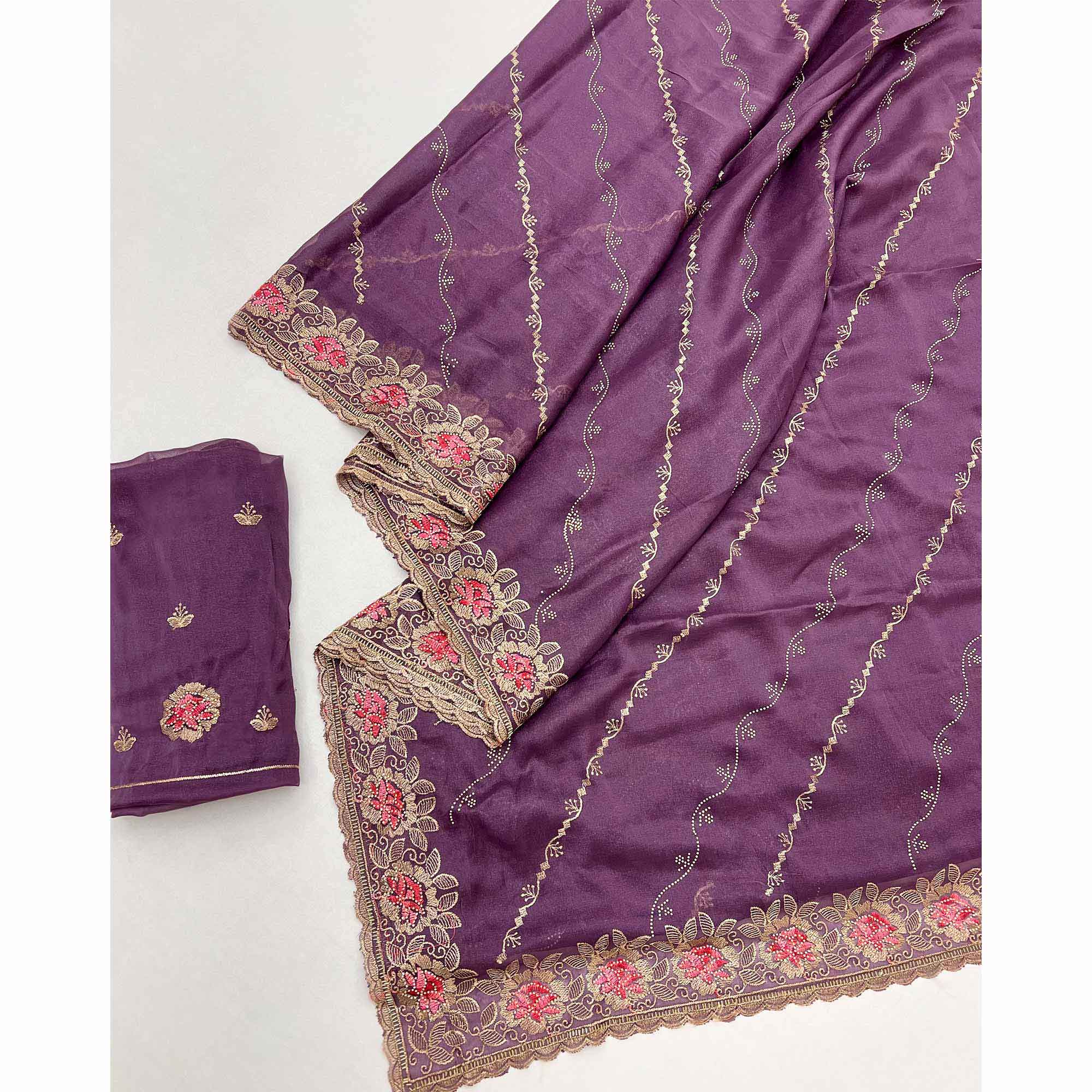 Graceful Lavender Floral Thread & Zari Embroidered Georgette Saree