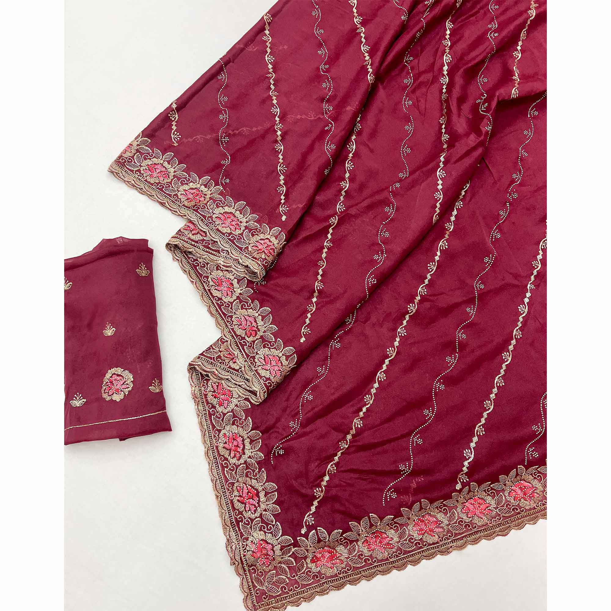 Graceful Maroon Floral Thread & Zari Embroidered Georgette Saree