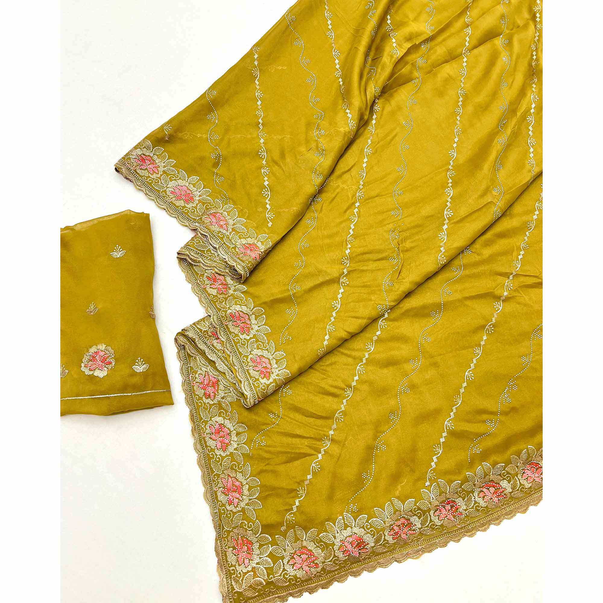 Graceful Mustard Floral Thread & Zari Embroidered Georgette Saree