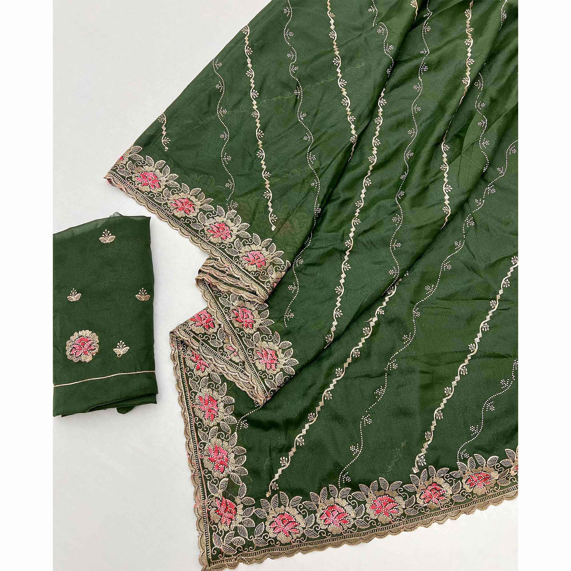 Graceful Green Floral Thread & Zari Embroidered Georgette Saree